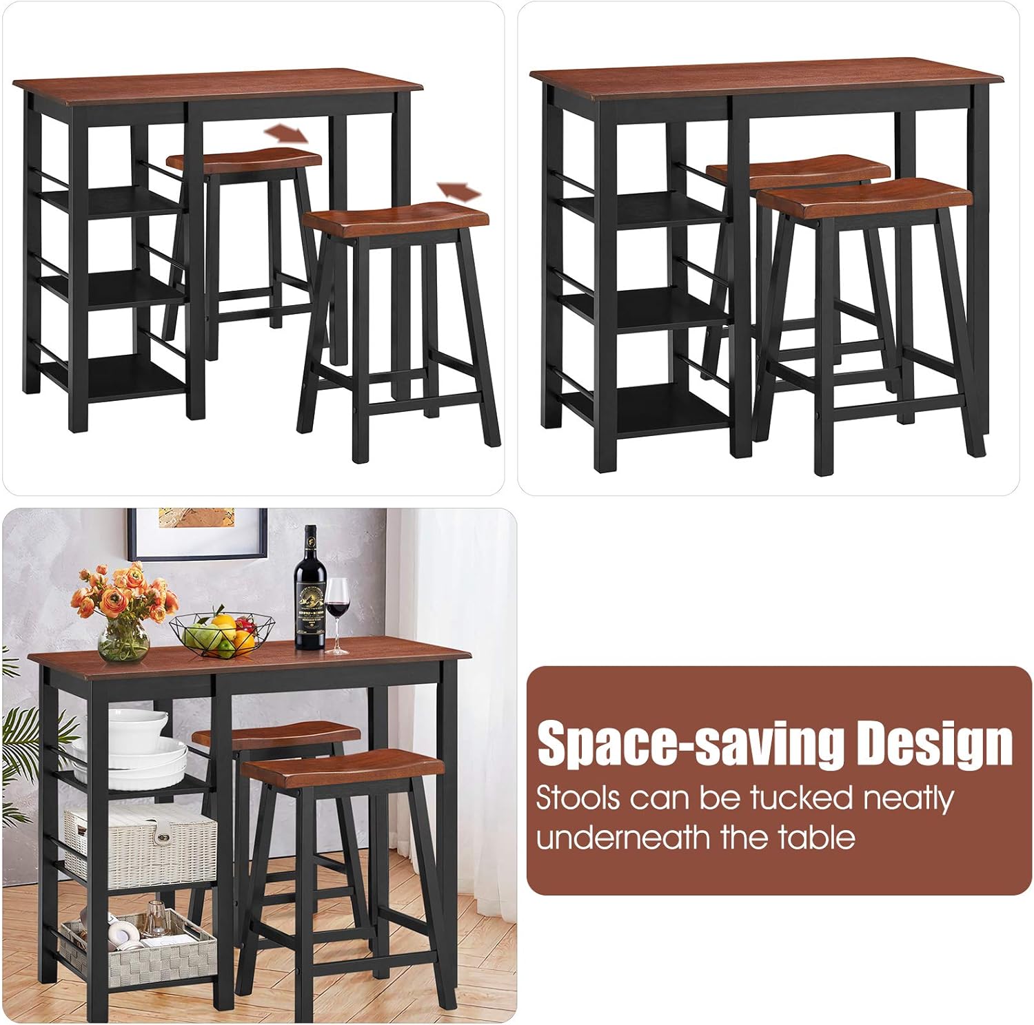 Giantex Juego de comedor de 3 piezas, juego de mesa completamente de madera con 2 sillas y estantes de almacenamiento de 3 niveles, juego de mesa de
