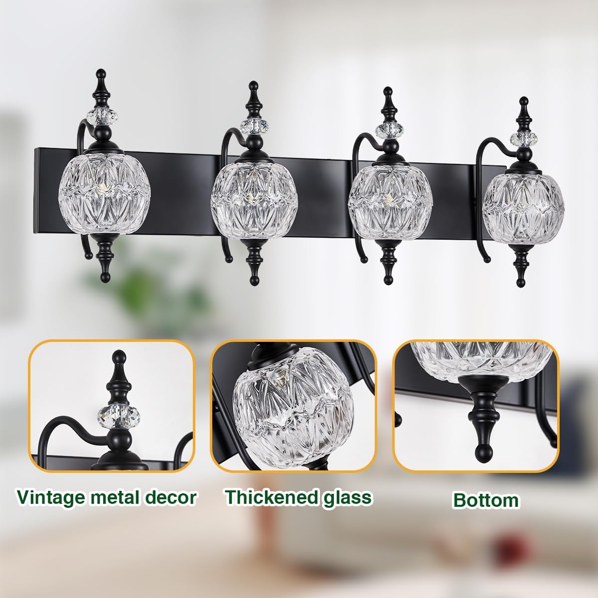 TLOLGT 4 luces negras para tocador de baño, modernas luces pintadas de superficie negra con pantalla de cristal grueso, apliques de pared para baño