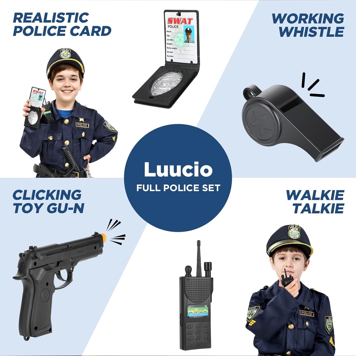 Disfraz de oficial de policía para niños, disfraz de policía para niños con uniforme de policía, disfraz de Halloween para niños, disfrazarse, kit