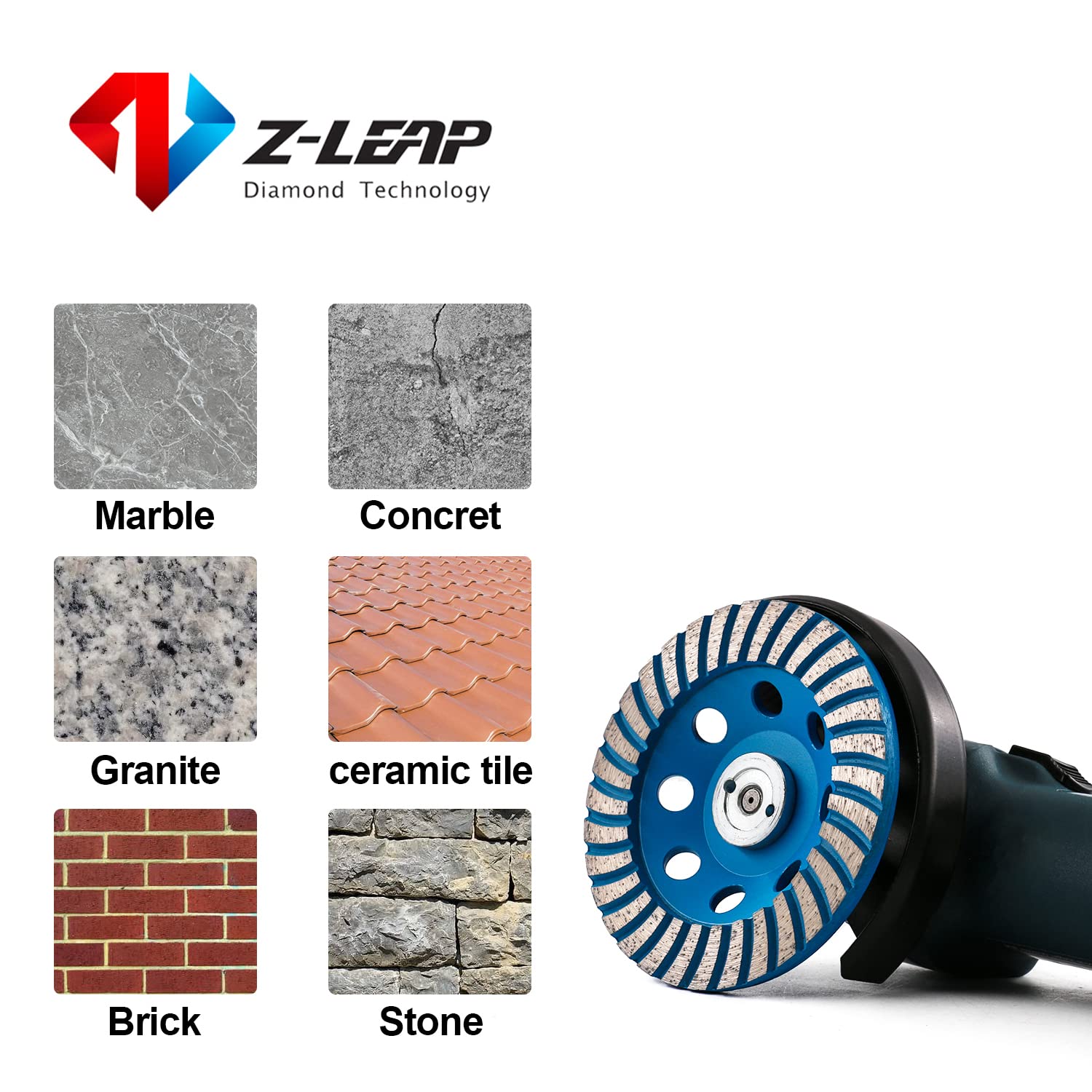 Z-LEAP Rueda de molienda de copa de diamante de 5 pulgadas Turbo Row para amoladora angular Azulejos de pulido Piedra de mármol Granito Hormigón