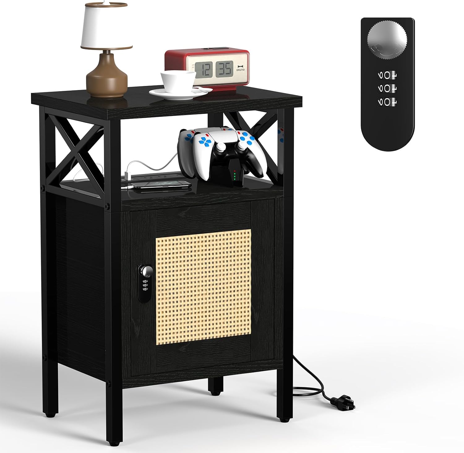 Mesita de noche de ratán con cerradura, mesa auxiliar con puerta y estante abierto, moderna mesita de noche de madera para dormitorio, sala de