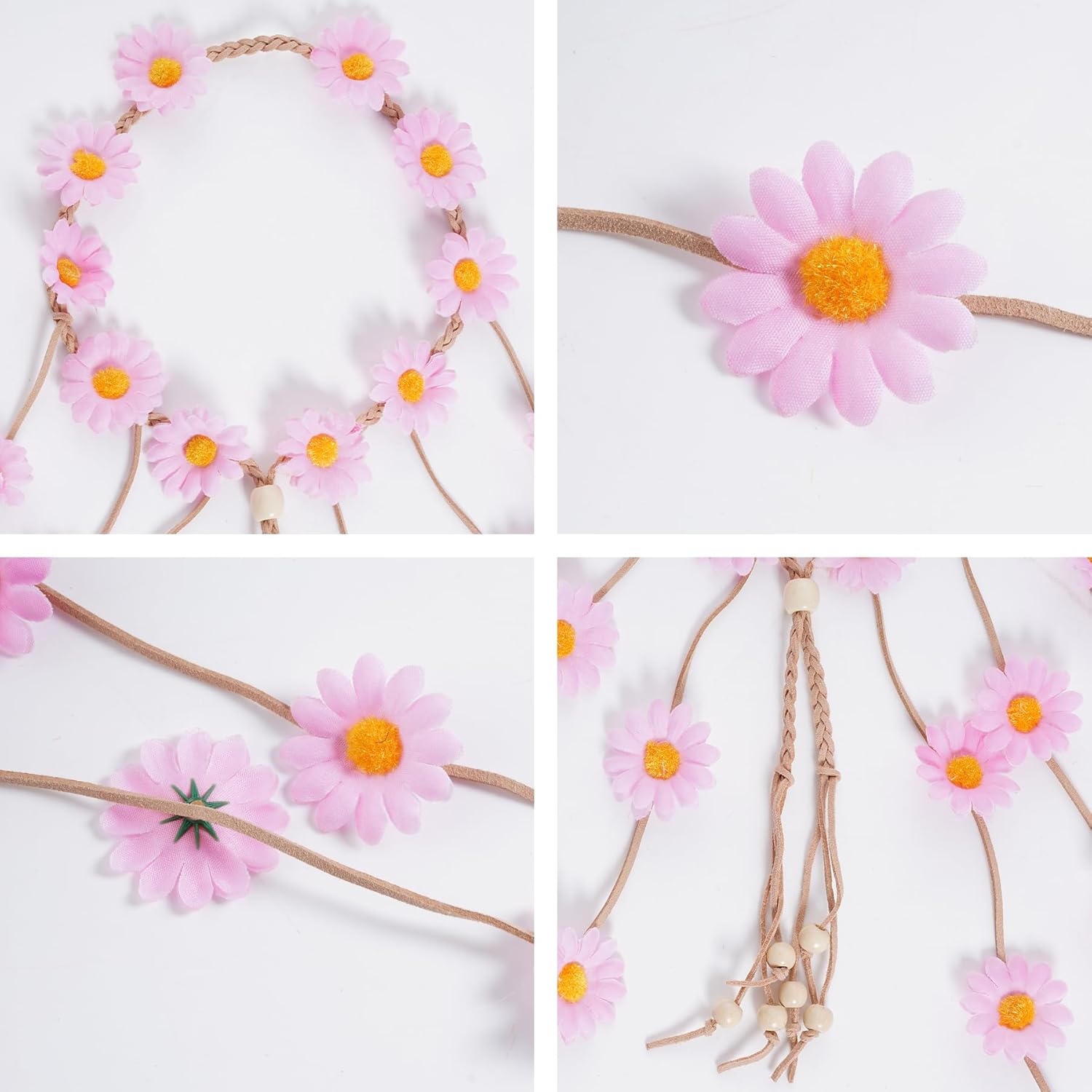 1 diadema de flores hippie corona floral verano girasol accesorios para el cabello para disfraces bohemios de los años 70 (rosa)