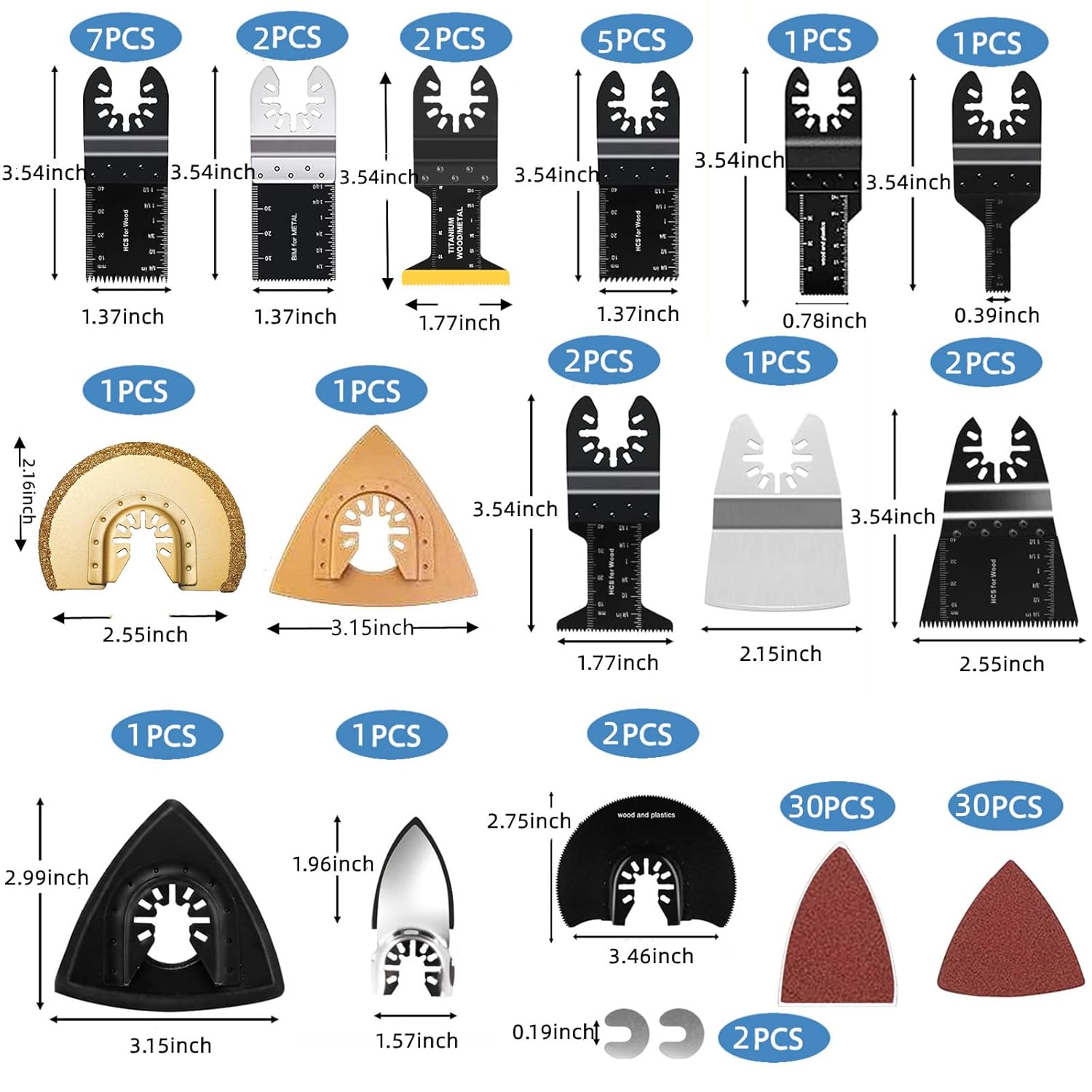 Paquete de 91 hojas de sierra oscilantes, cuchillas oscilantes de alta calidad para cortar madera y metal plásticos, kit de cuchillas
