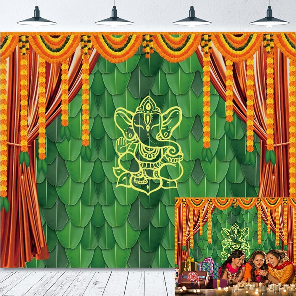 Decoración de fondo indio Pooja para fotografía, 10 x 8 pies, tradicional, indio, festival de Puja Ganpati Mehndi, fondo de fotos de plátano, hojas