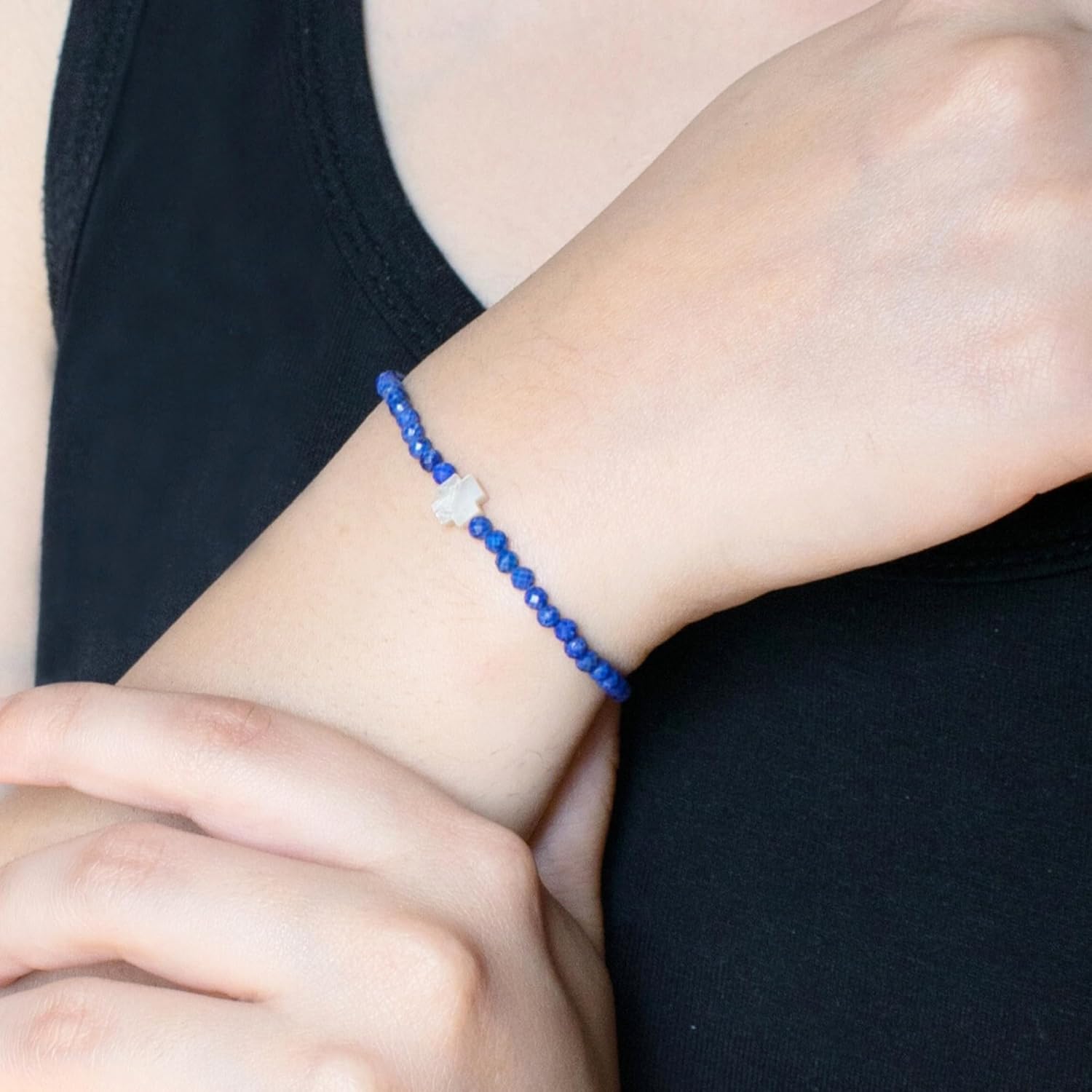 GemInspire Mother’s Day Jewelry Blue Lapis Lazuli Beaded Bracelet, Pearl Cross Bracelet, Faith Hope Bracelets, September Birthstone,Gift for