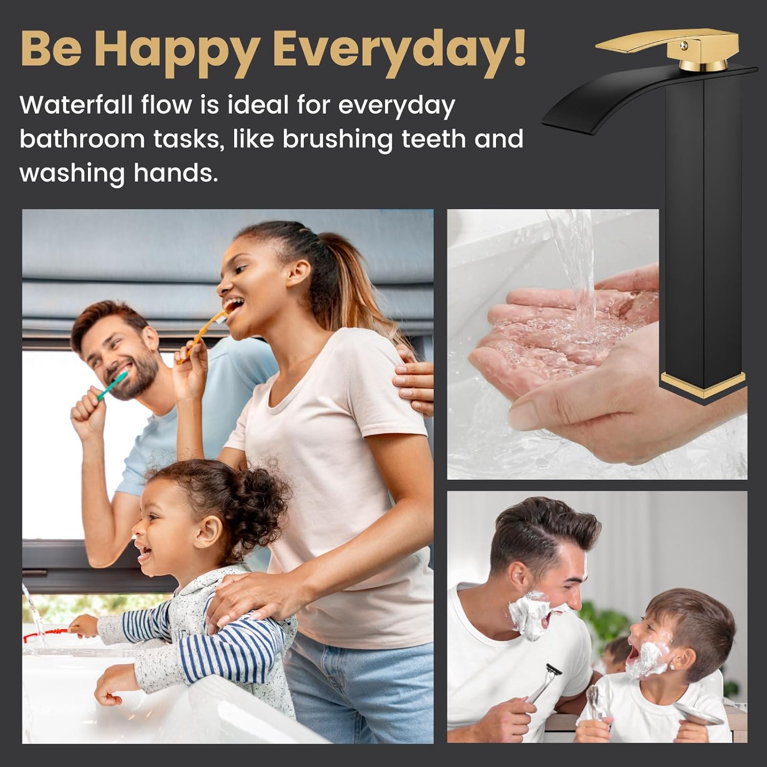 Airuida Grifo de lavabo alto para baño, color negro mate y oro cepillado, moderno solo agujero de una sola manija, estilo granja, lavabo montado en