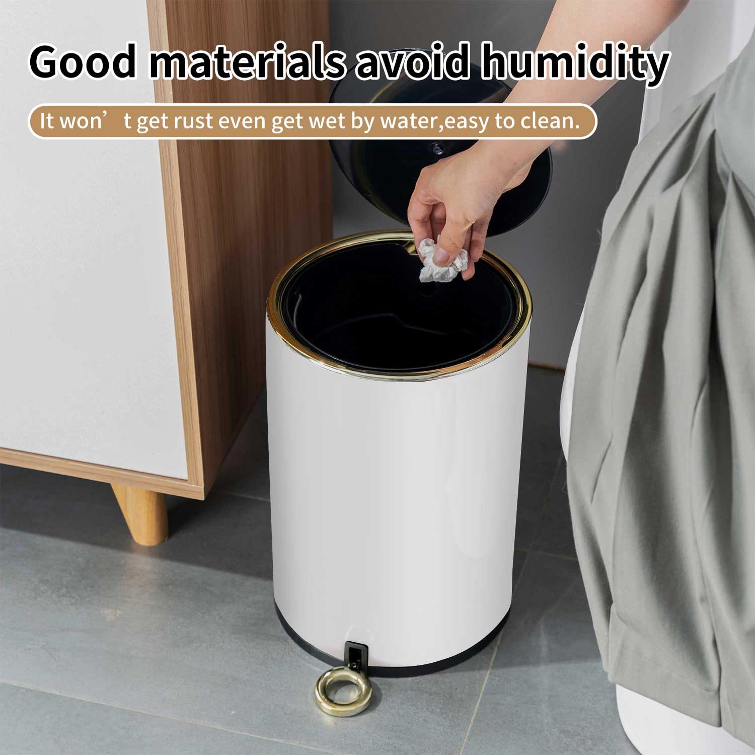 Cubo de basura redondo de metal con tapa y pedal, contenedor de basura de 2 galones con papelera interior extraíble para baño, dormitorio, cocina,