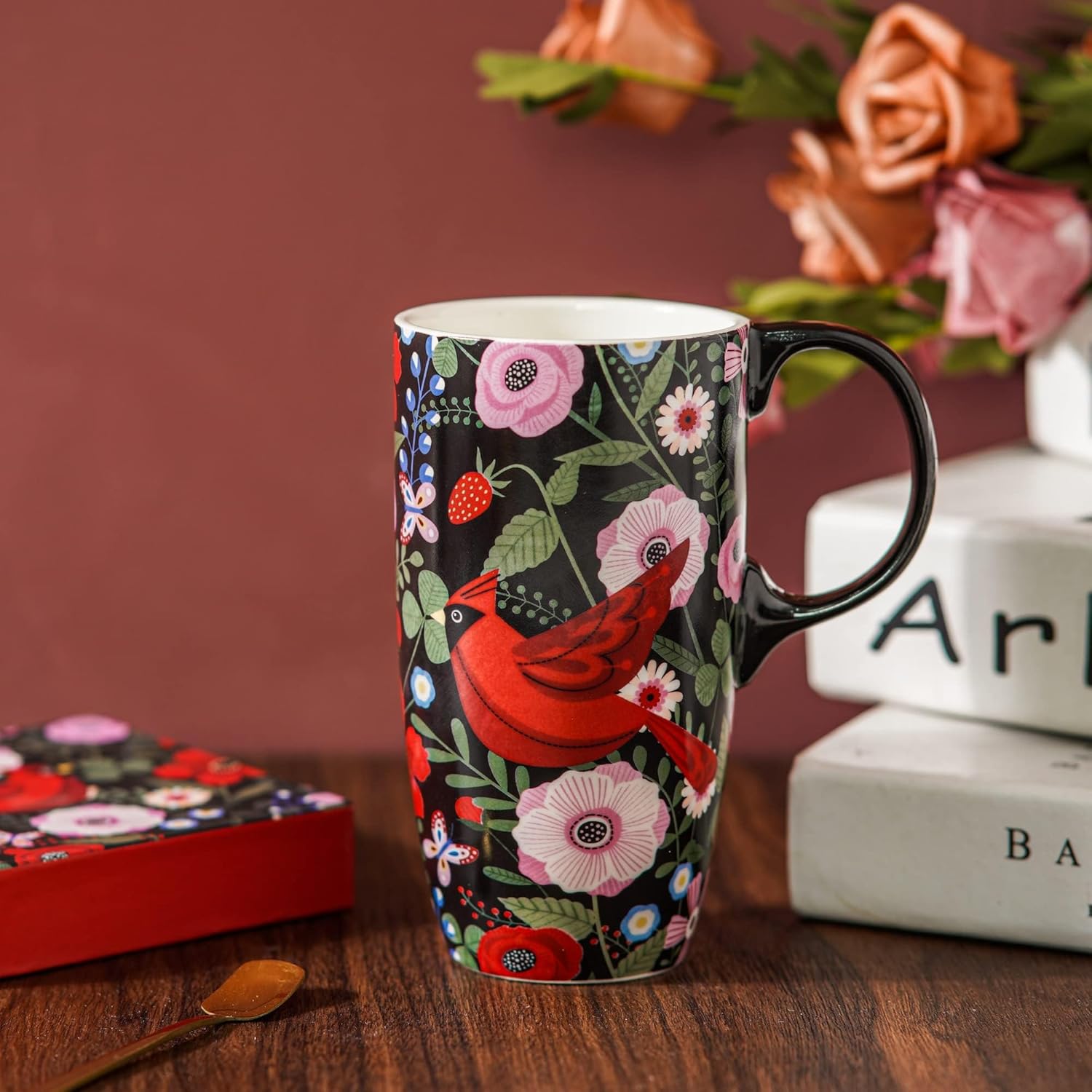Topadorn Taza de café de cerámica reutilizable, regalo para el hogar y la oficina, 17 oz. Taza de viaje de porcelana con tapa y asa, taza de té de