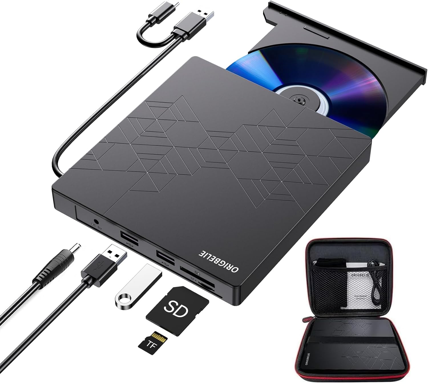ORIGBELIE Unidad externa de CD y DVD, grabadora de CD USB 3.0 con 2 puertos USB y 2 ranuras para tarjetas TFSD, unidad de disco óptico para portátil