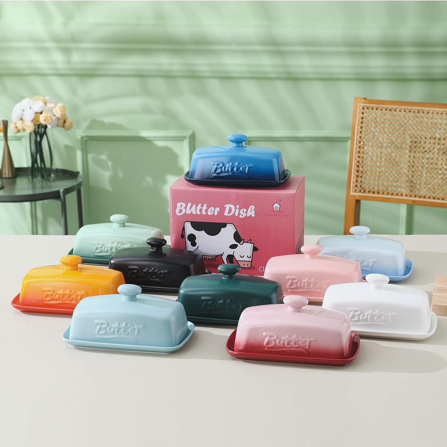 Candiicap – Mantequillera grande de porcelana con tapa, plato de mantequilla clásico que cambia de color para encimera, soporte grande para
