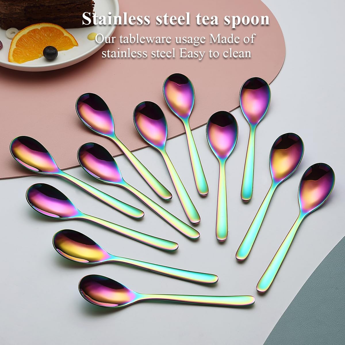 Kyraton Cucharitas de arco iris, 12 cucharas de té de acero inoxidable de 6.5 pulgadas con colorido chapado de titanio, cucharas de helado, cuchara