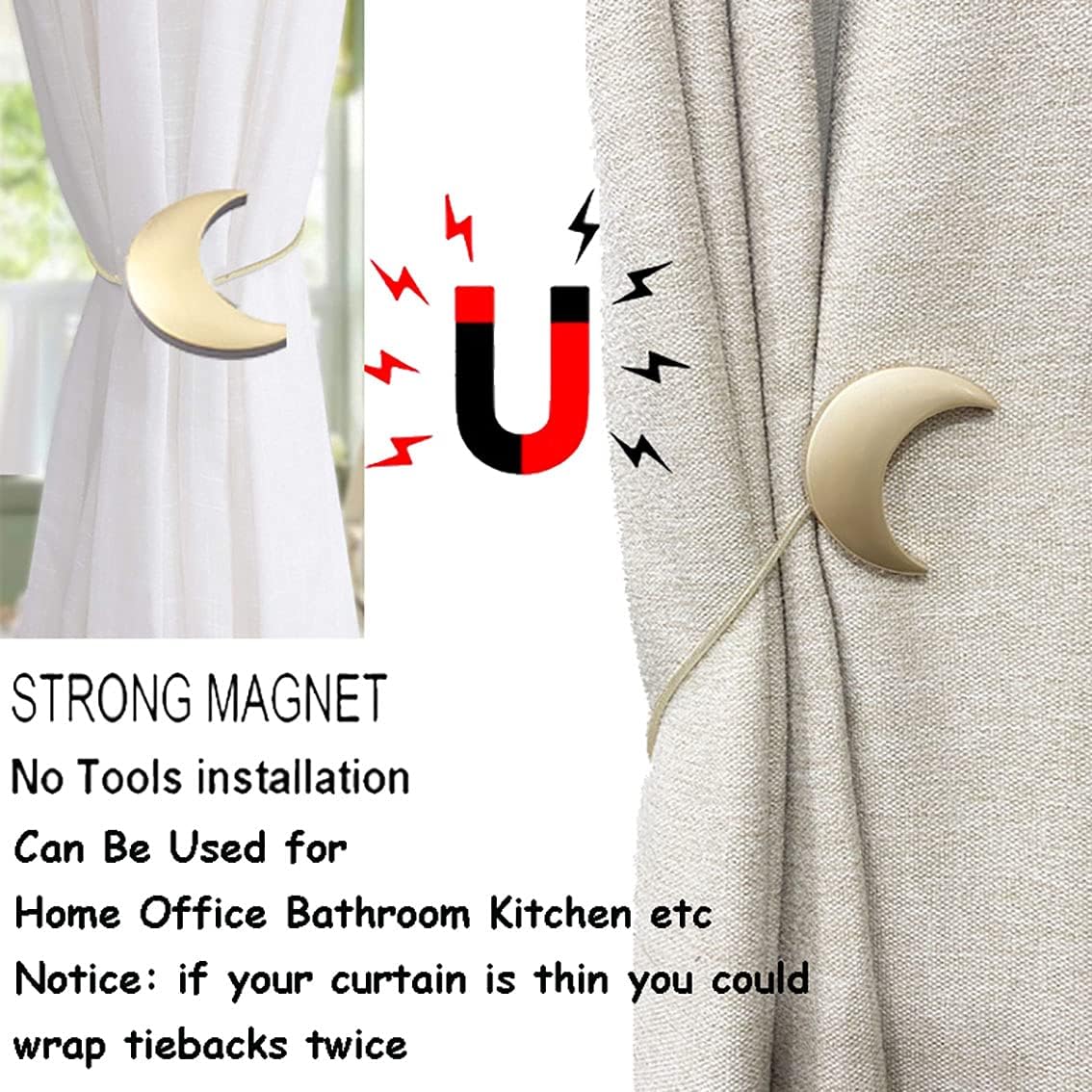 Alzapaños magnéticos de metal, 1 par de clips de metal para cortina de luna, sujetadores de cuerda, menisco, dorado, para cortinas decorativas para