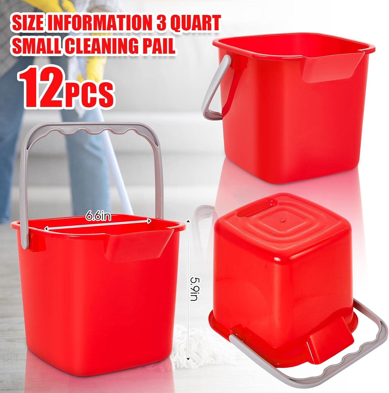 Irenare Cubo de limpieza para desinfectante, cubo de limpieza de 3 cuartos de galón, cubo cuadrado de plástico pequeño con salida y asas, cubo de