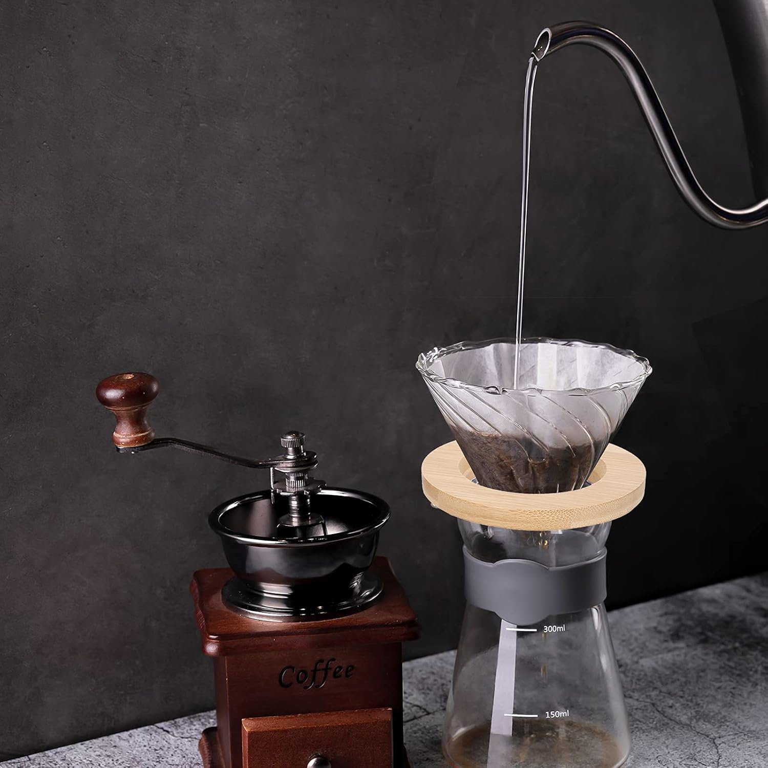 Gotero de café de vidrio para verter sobre el gotero de café con base de madera de bambú, accesorios de preparación lenta para cafetera, herramienta