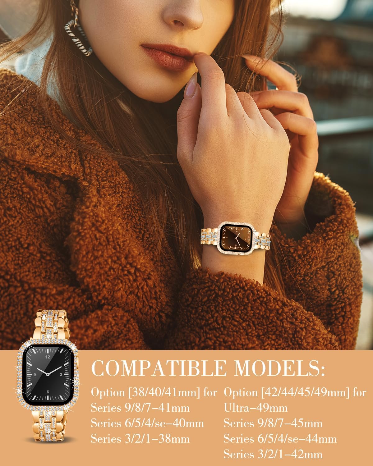 beu1st Correa brillante compatible con correas de Apple Watch de 1.575 pulgadas para mujer, correa de metal de repuesto de joyería de diamante,