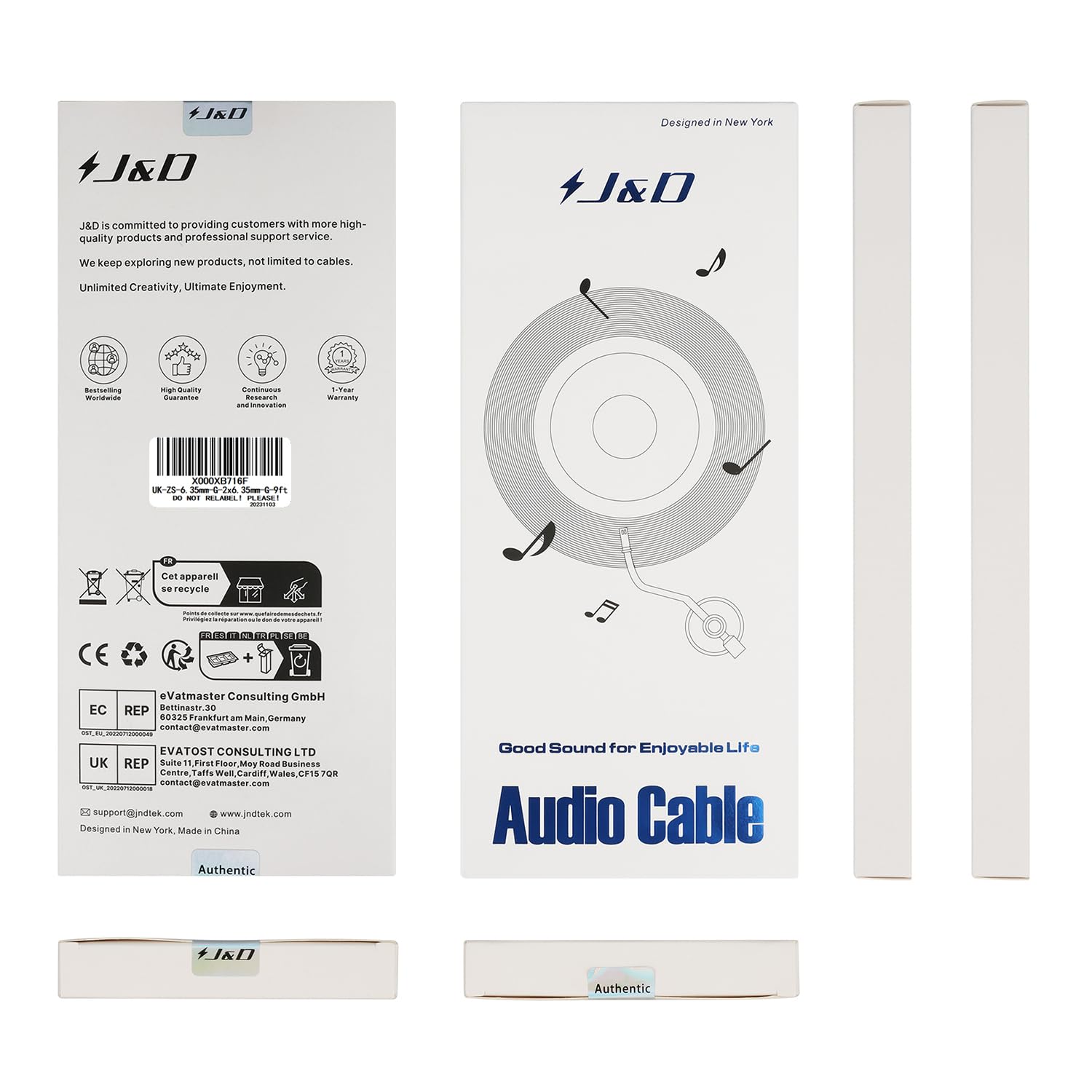 J&D Cable de inserción estéreo TRS de 14 de pulgada, audio wave chapado en oro, serie de 0.250 in 14 pulgadas TRS macho a doble 0.250 in 14 pulgadas