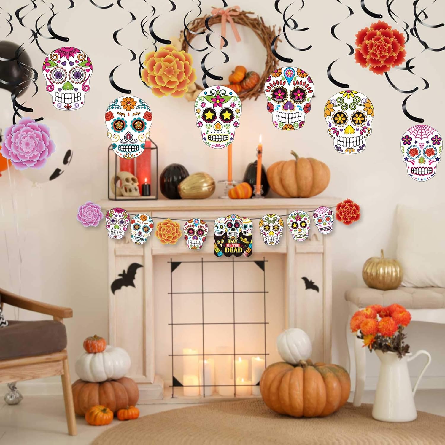 30 remolinos de papel de aluminio del Día de los Muertos, decoraciones de Halloween, calavera de azúcar, flores colgantes en el techo, remolinos de