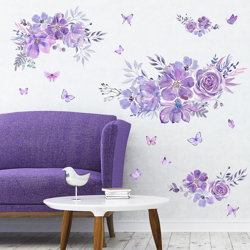 Pegatinas de pared de mariposa de flores moradas, calcomanías de pared florales para dormitorio, sala de estar, cocina, TV, decoración de pared