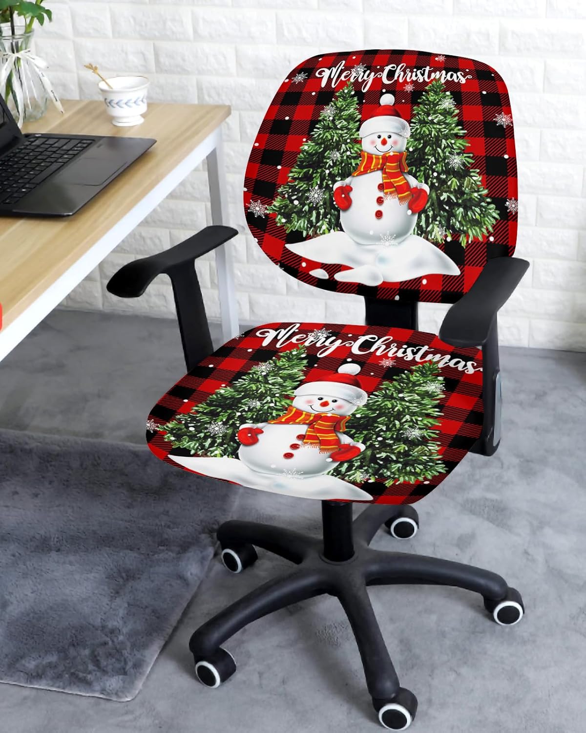 Funda para silla de oficina con diseño de muñeco de nieve de Navidad, muñeco de nieve lindo con árbol de Navidad, diseño de búfalo rojo y negro,