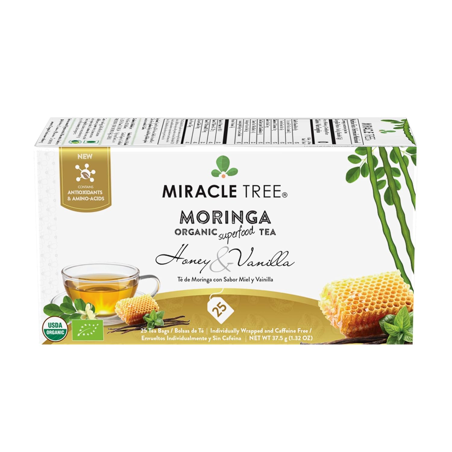 Miracle Tree – Té de moringa orgánico, superalimento, 25 sacos de té individuales sellados.