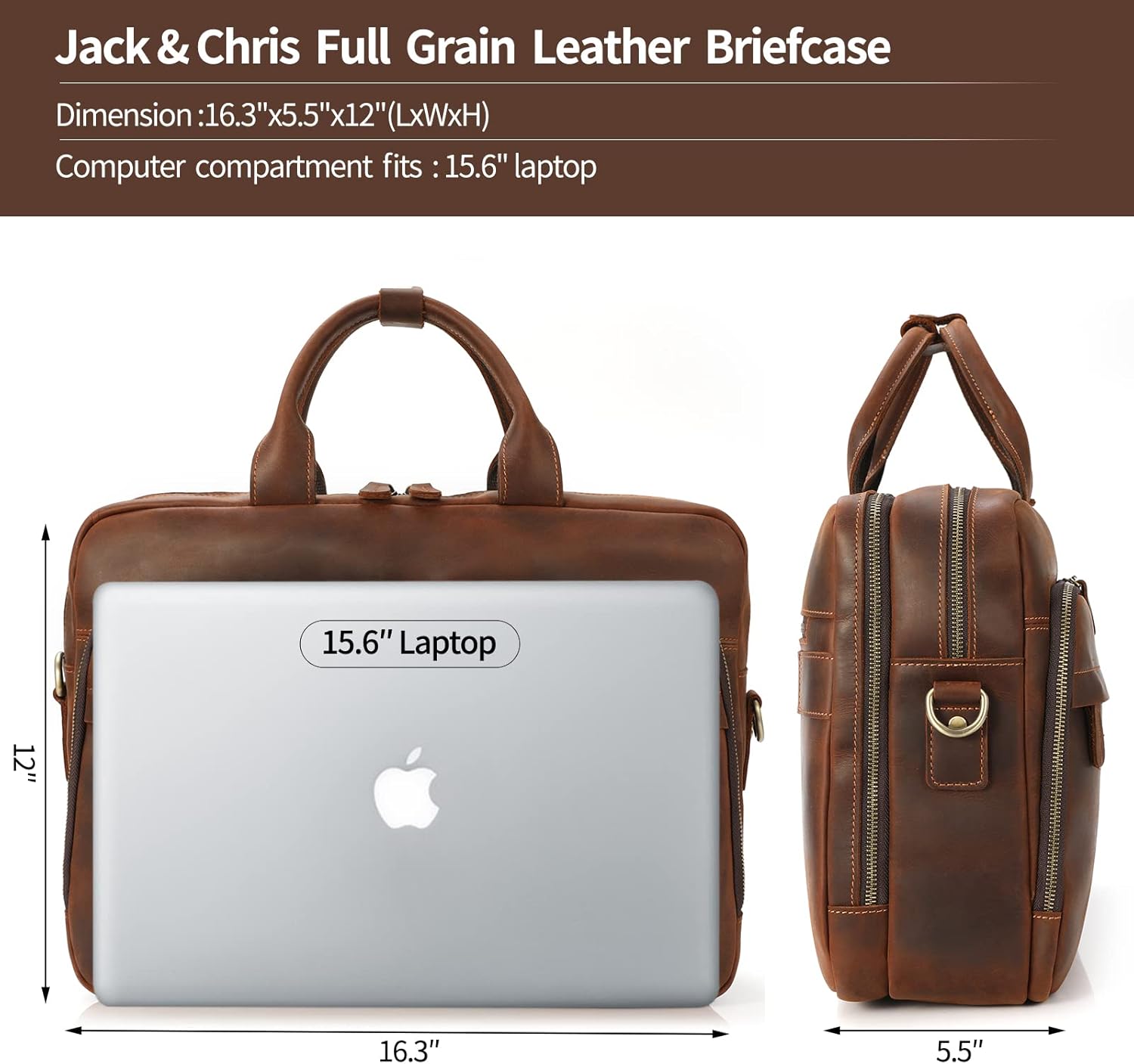 Jack&Chris Maletín de cuero para hombres,Bolso de mensajero retro de viaje de negocios,Bolsa de trabajo grande para portátil de 15.6