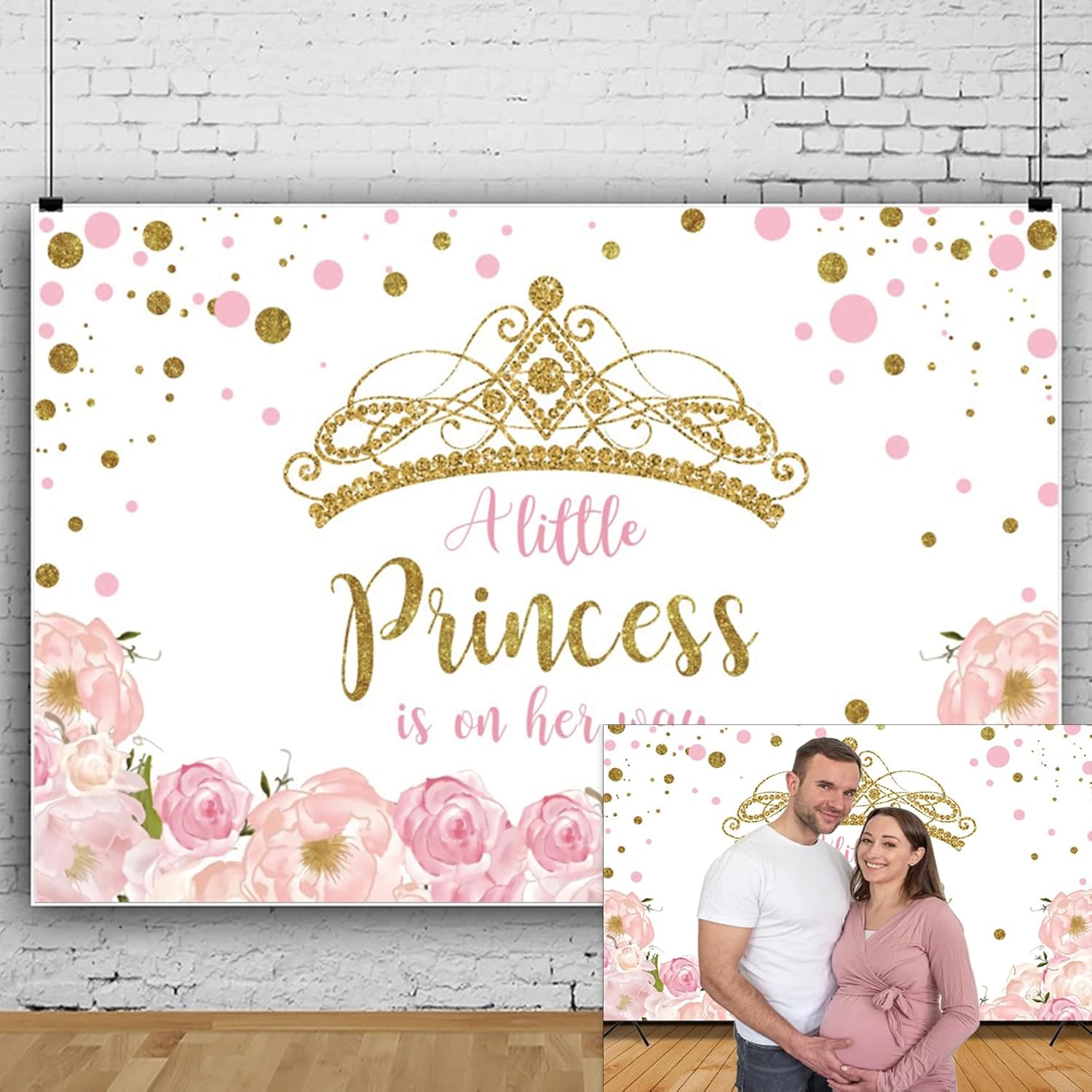 YongFoto Telón de fondo para baby shower con corona dorada de 7 x 5 pies para fotografía floral rosa con texto en inglés “A Little Princess is On