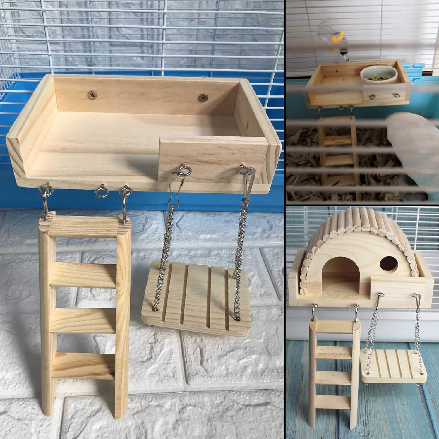 kathson Juego de juguetes de hámster con plataforma, escalera, columpio, 5 piezas de madera para escalar, accesorios para jerbos, hámsters enanos,