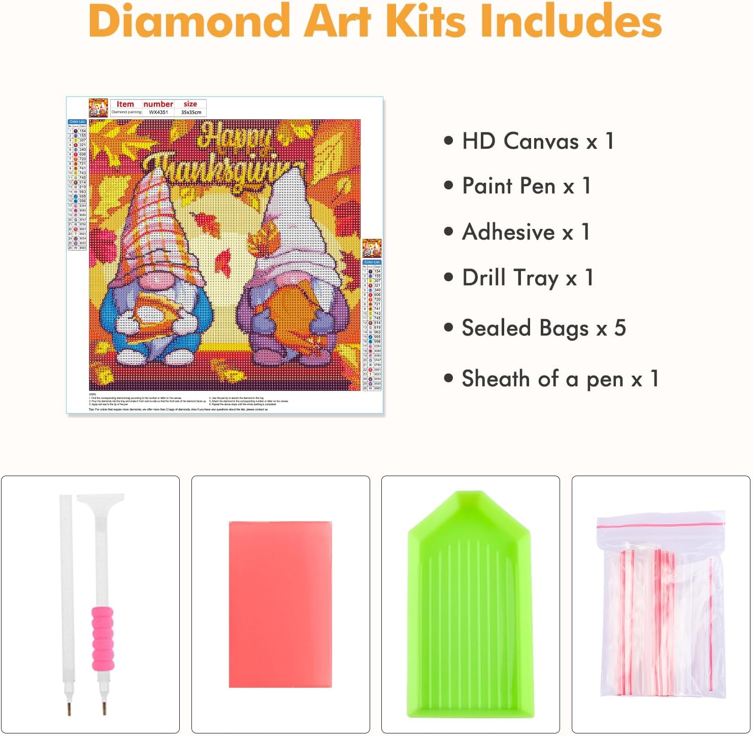 MOGTAA Kits de pintura artística de diamantes de Acción de Gracias para adultos, kits de pintura de diamantes de gnomos para principiantes, kits de