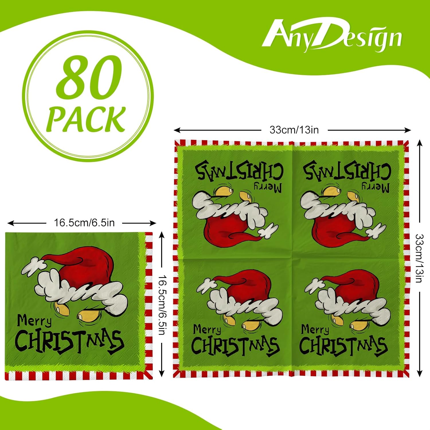AnyDesign Paquete de 80 servilletas de papel de Feliz Navidad, divertidos personajes de dibujos animados, servilletas de almuerzo desechables verde