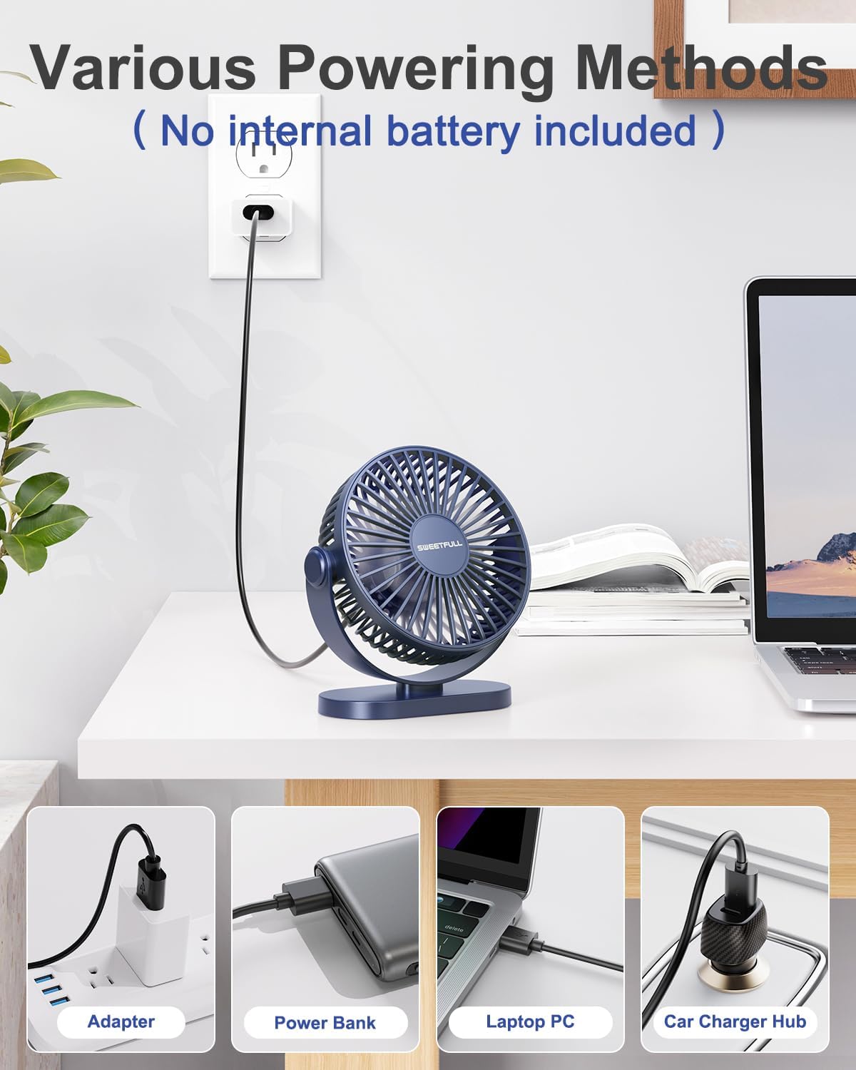 SWEETFULL Ventilador de escritorio USB pequeño silencioso  3 velocidades, mini ventilador portátil personal de rotación de 360 ajustable, accesorios