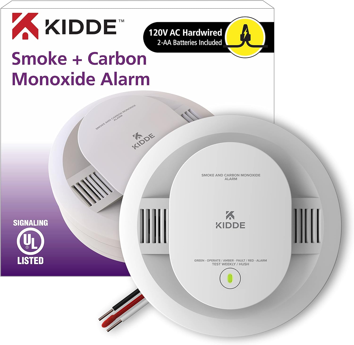 Kidde Detector de humo y monóxido de carbono cableado, respaldo de batería AA, detector de humo interconectable y cableado con batería de reserva de