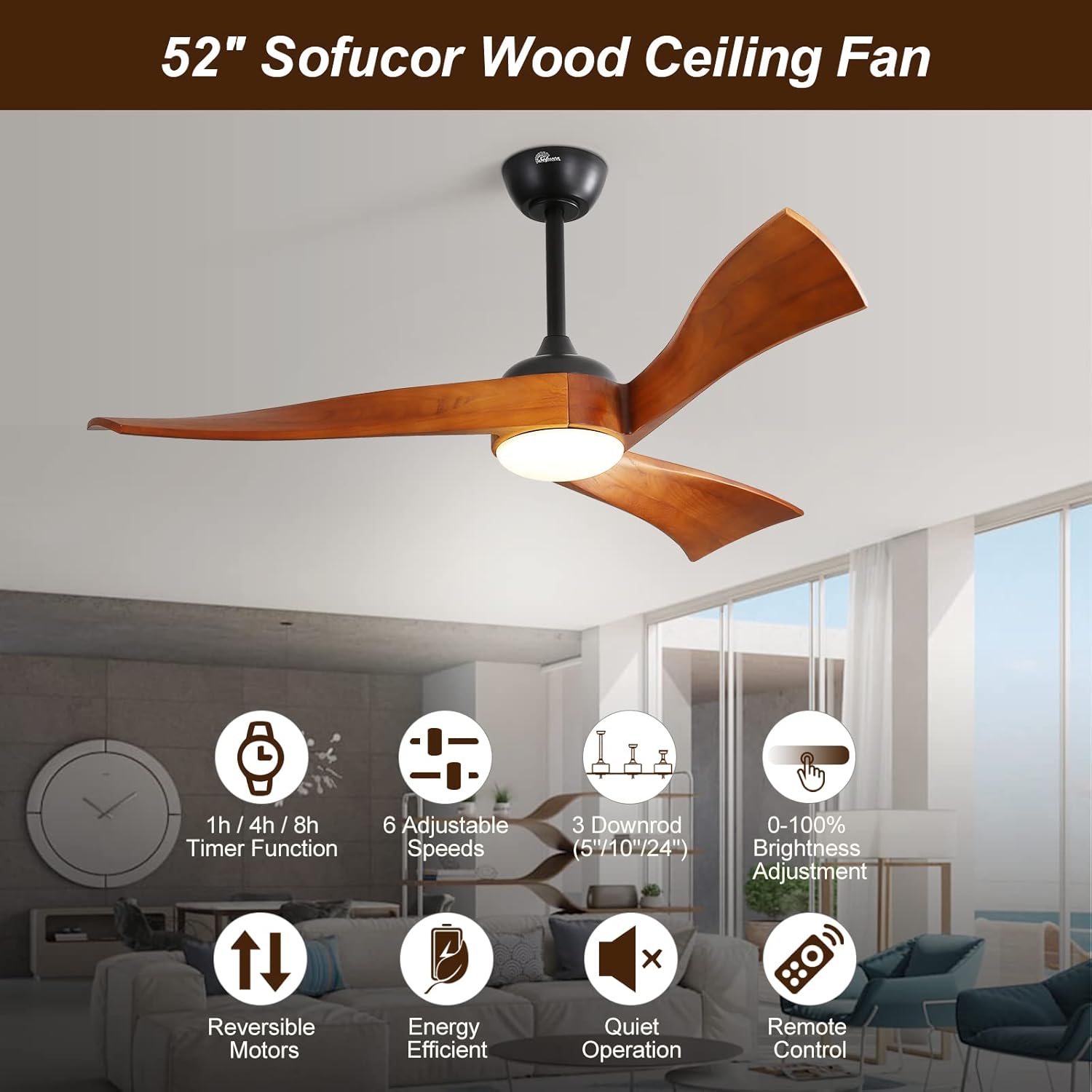 Sofucor Ventilador de techo de madera de 52 pulgadas para interiores con luz y control remoto, ventilador de techo de 3 aspas reversibles para