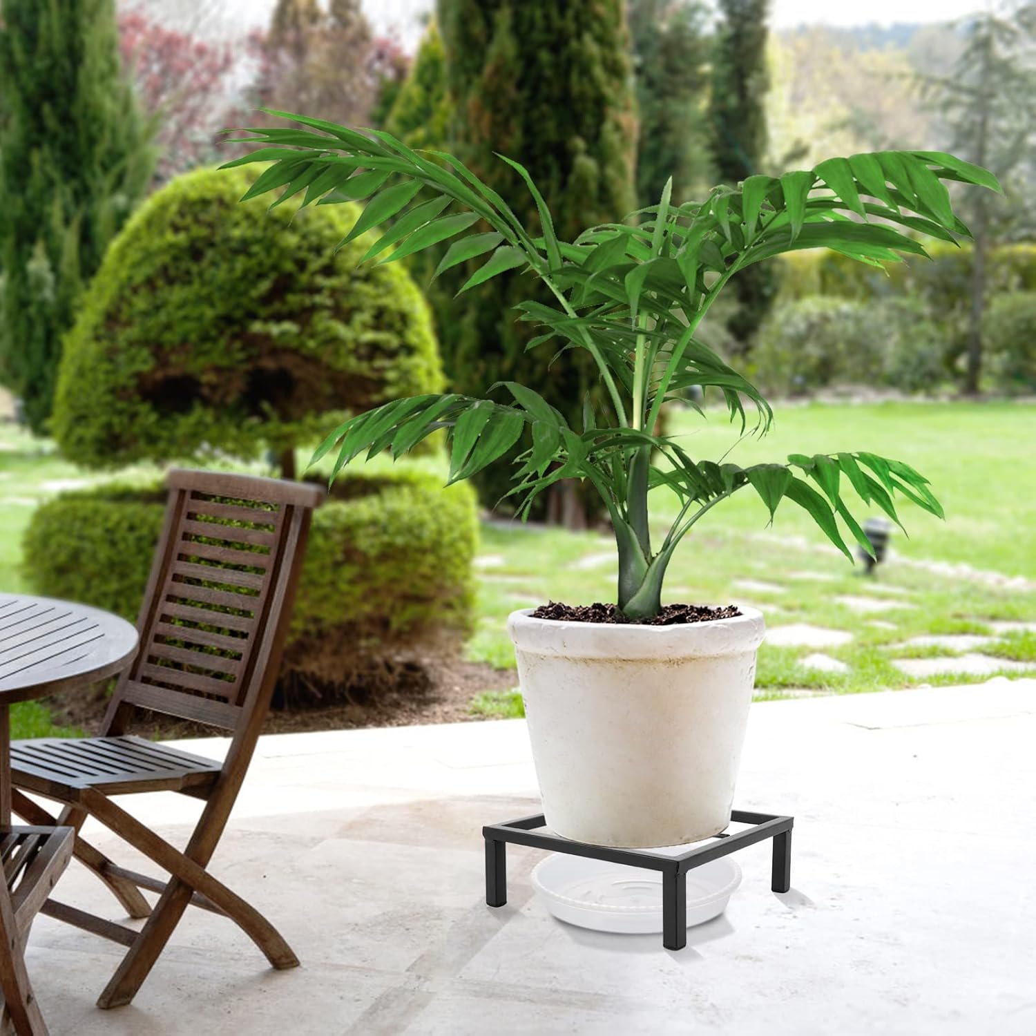 Soporte de metal pequeño de 6 pulgadas para plantas con platillo para interiores y exteriores, contenedor de hierro inoxidable para jardín, estante