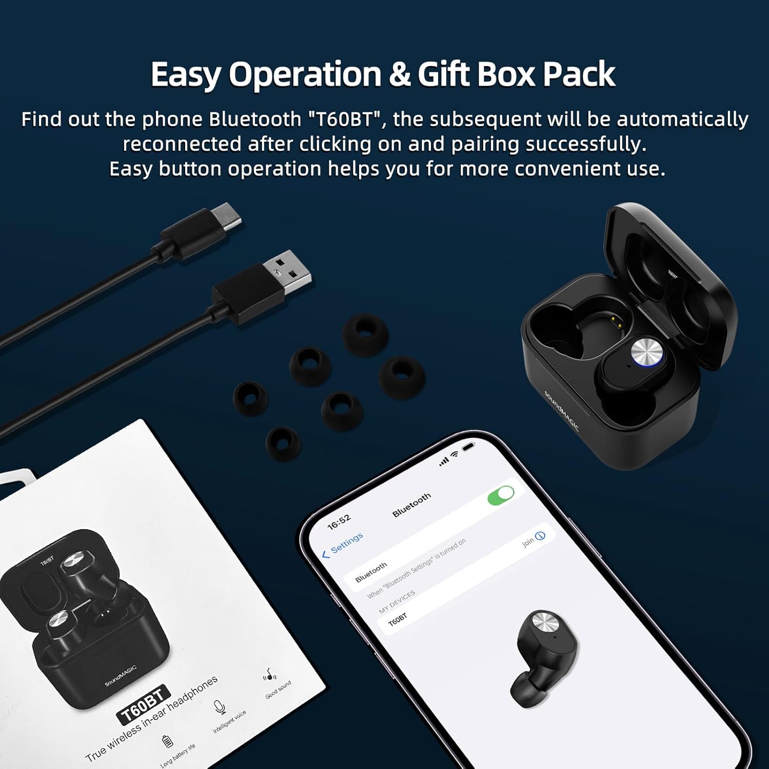 SoundMAGIC T60BT Auriculares inalámbricos verdaderos en el oído Bluetooth Auriculares con micrófono HiFi estéreo Auriculares deportivos impermeables