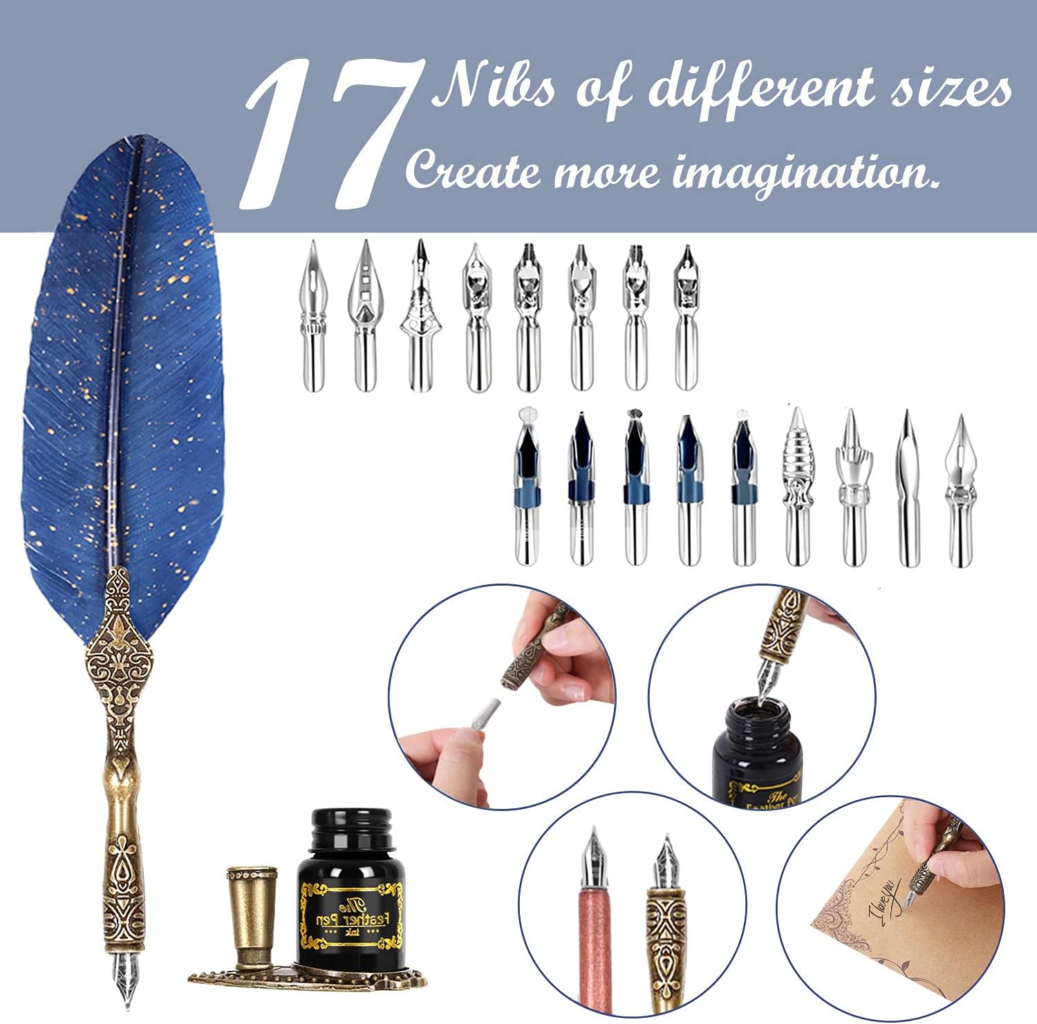 AIYNC Juego de tinta para plumas, incluye bolígrafo y bolígrafo de inmersión de madera, tinta, 17 puntas de repuesto, 3 varillas de sello de cera,