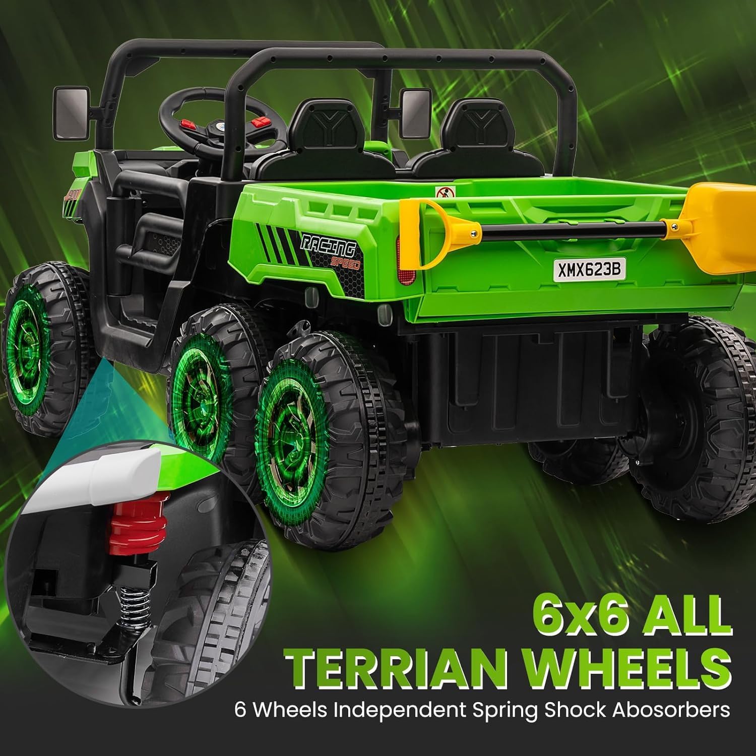 Camión volquete de 24 V 4WD 6×6 para niños con cama volquete eléctrica, auto de juguetes UTV alimentado por batería de 2 plazas con control remoto