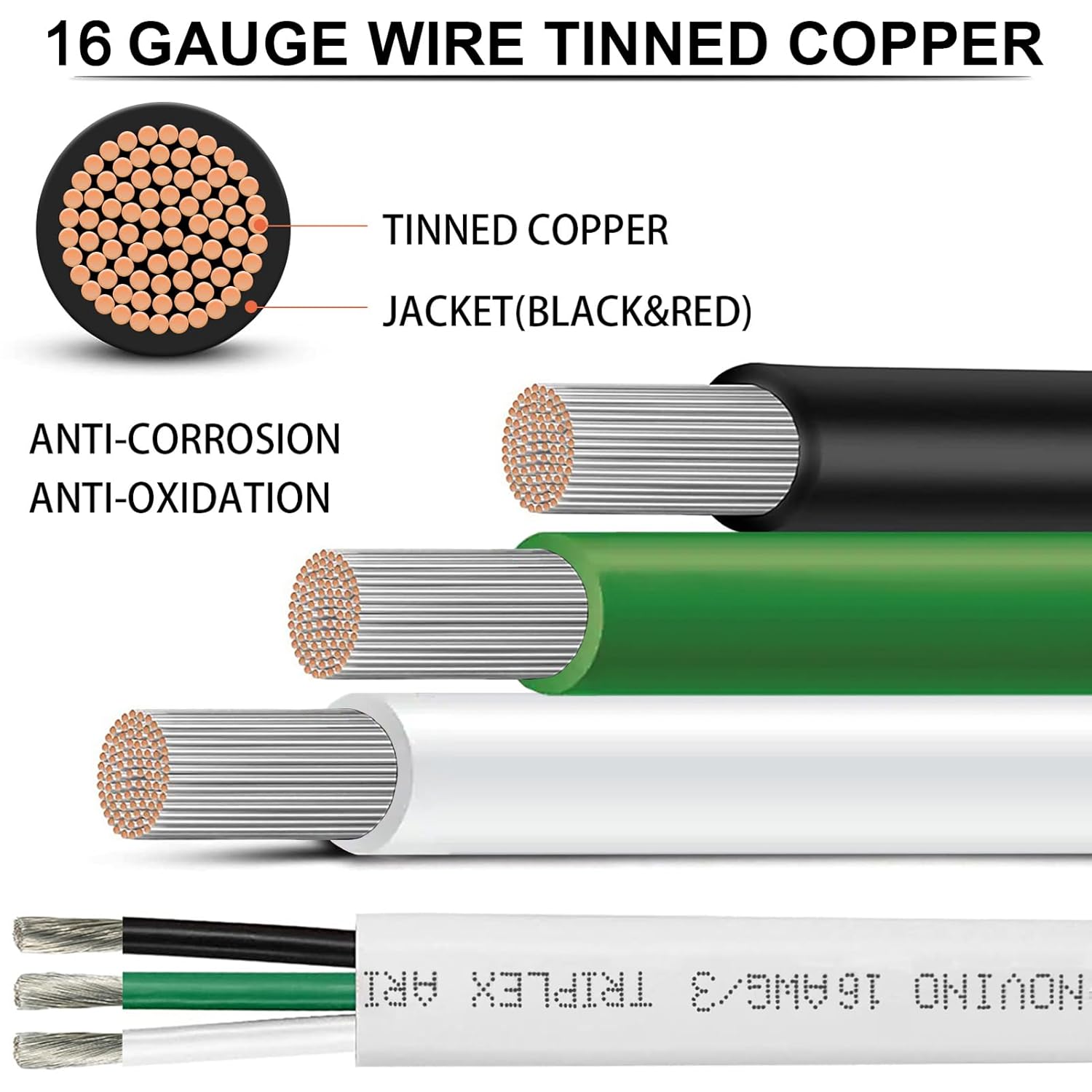 Cable marino de calibre 16, cable de cobre estañado de cobre estañado de 50 pies y 16 AWG, cable eléctrico marino para barcomarítimoautomotriz, etc