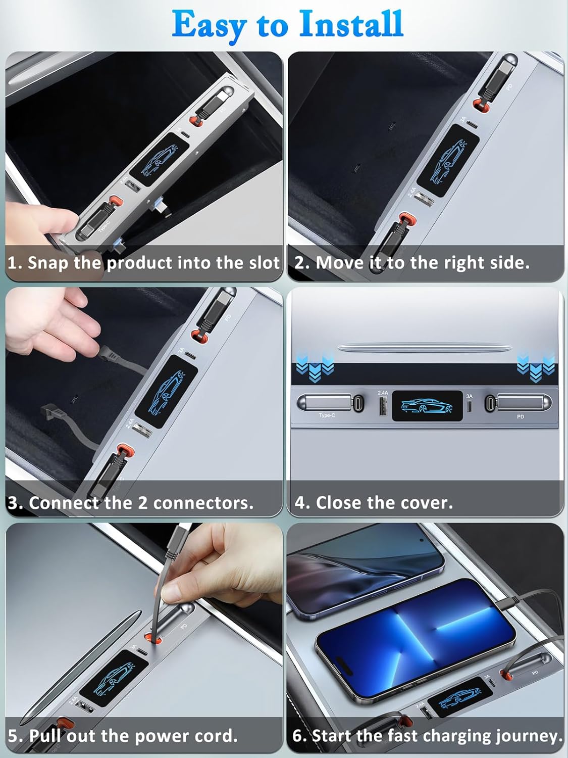 Qidoe para Tesla USB Hub, estación de acoplamiento con cable de carga rápida retráctil PD tipo C para Tesla Modelo Y Modelo 3 2021 2022 2023 Consola