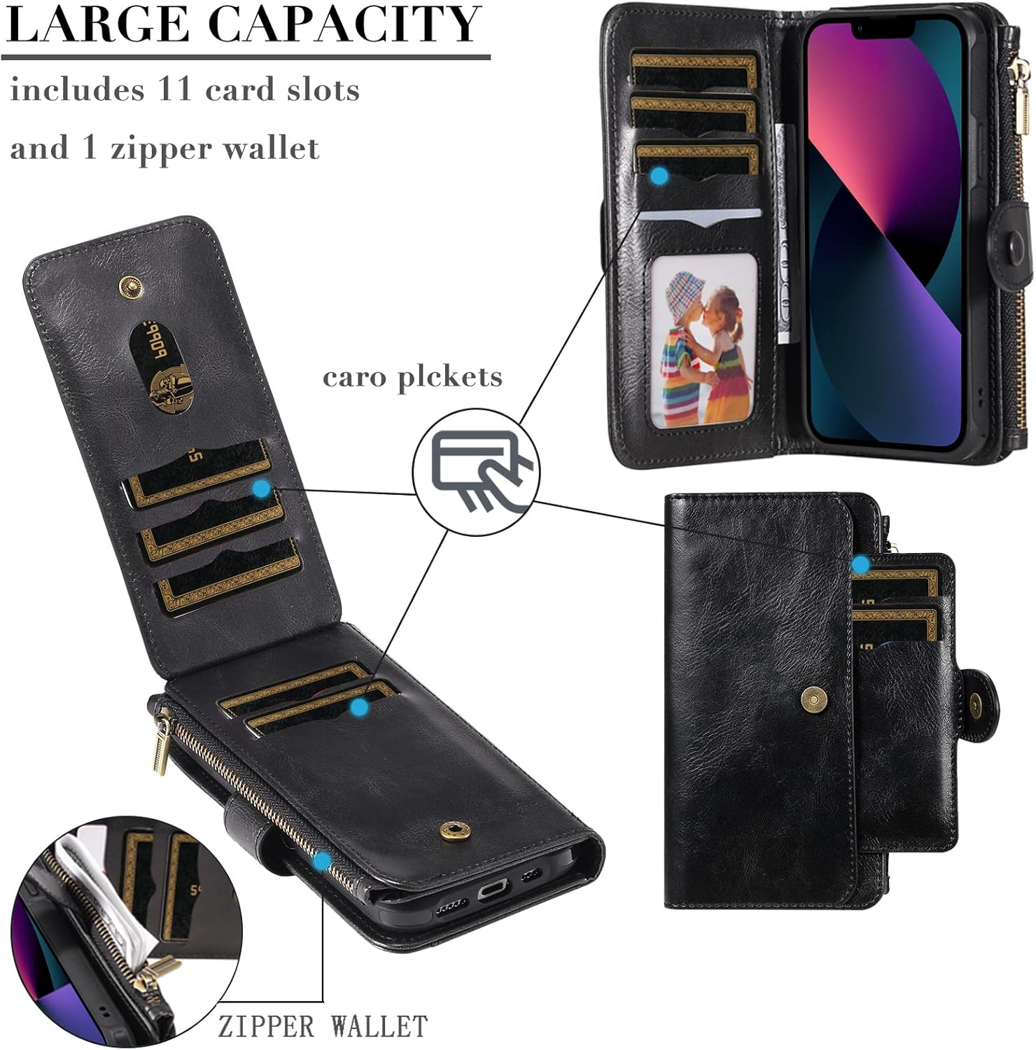 Asuwish Funda de teléfono para iPhone 13 Mini de 5.4 pulgadas con cremallera, funda desmontable con protector de pantalla de vidrio templado y
