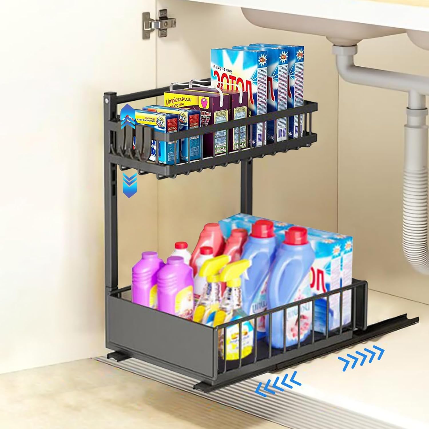 Organizador para debajo del fregadero, organizador ajustable de 2 niveles con ganchos, estante deslizante para debajo del gabinete, organizador