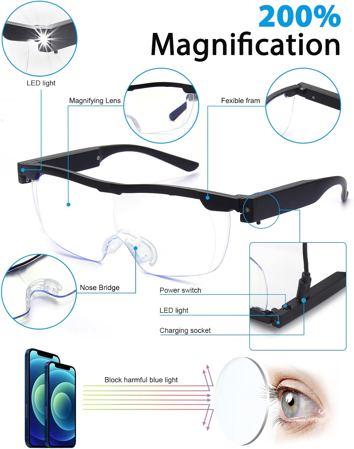 200% lupa con luz, anteojos de aumento recargables con luz LED, luz anti azul, lupa manos libres para trabajo cercano, manualidades, joyeros,