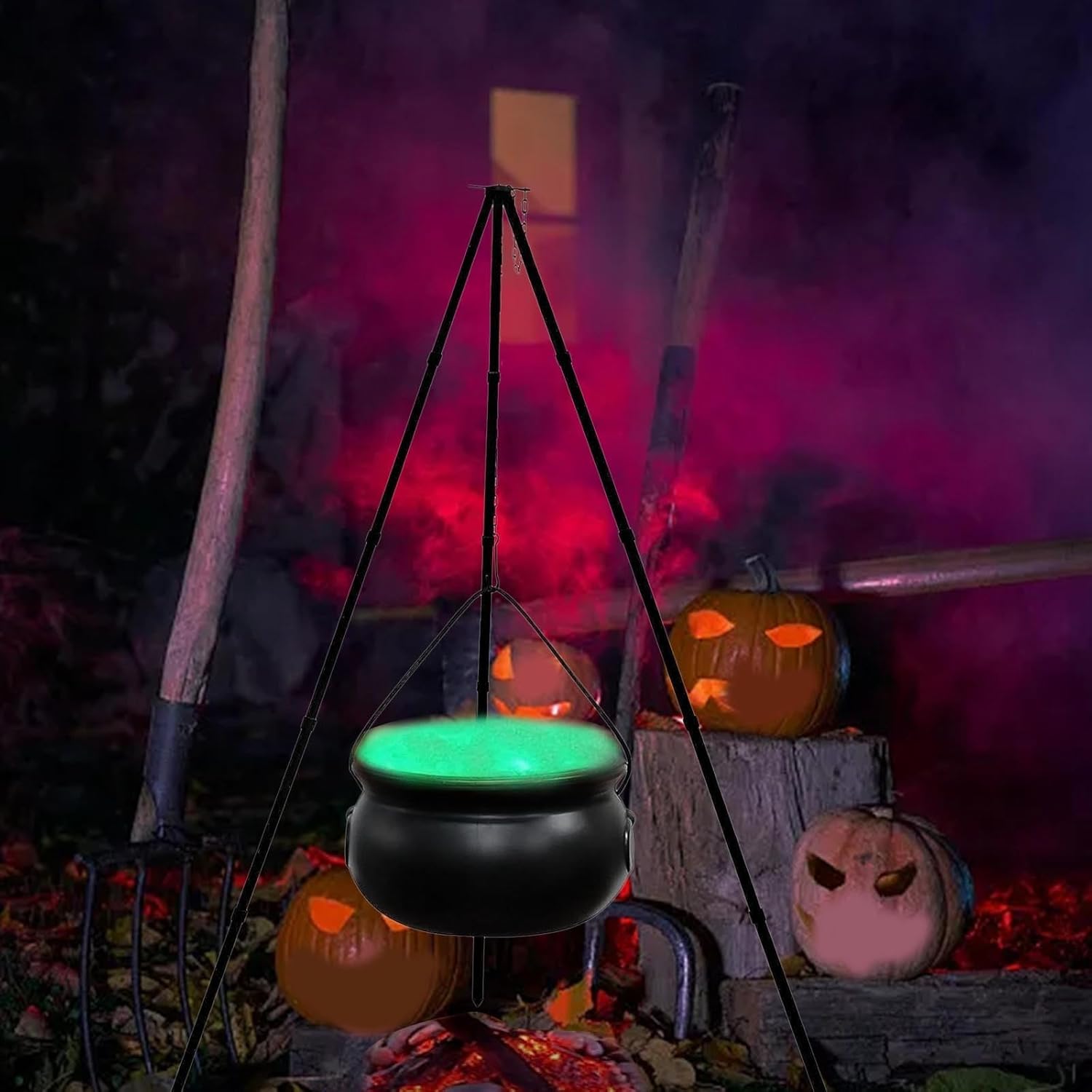 Decoraciones de Halloween para exteriores, caldero de bruja con luz, soporte de trípode, decoración de cuenco de plástico negro, decoración de cubo