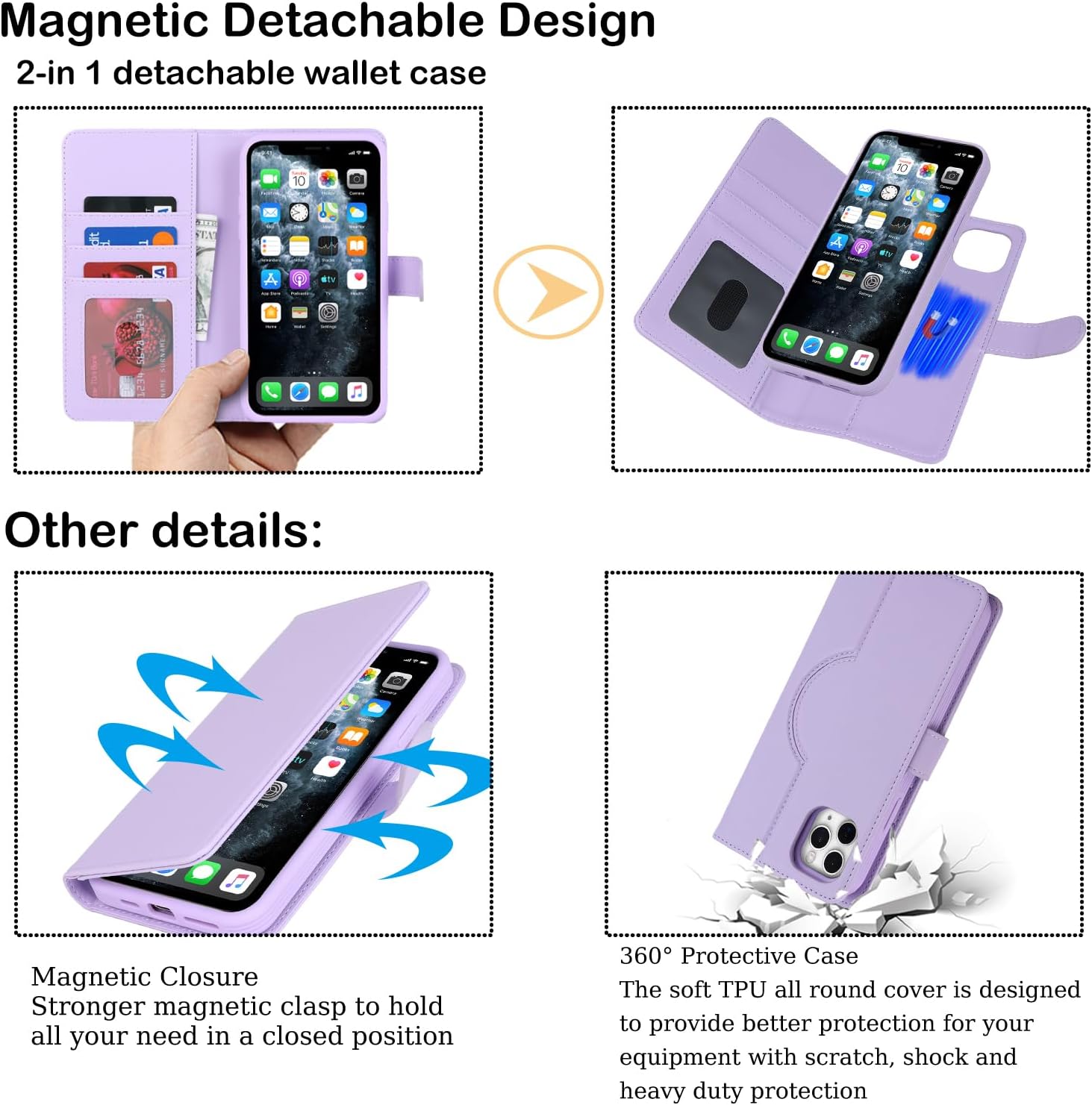 Havaya Magsafe – Funda tipo cartera para iPhone 11 Pro Max, compatible con iPhone 11 Pro Max, con tarjetero, funda desmontable de piel magnética