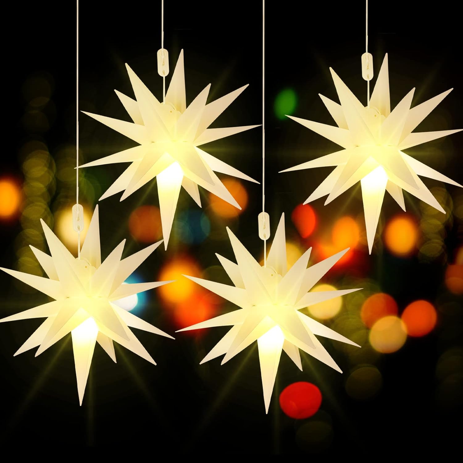 8 luces de estrella moravia 3D LED colgantes de estrella alimentadas por batería con función de temporizador, luz blanca para porche, decoración