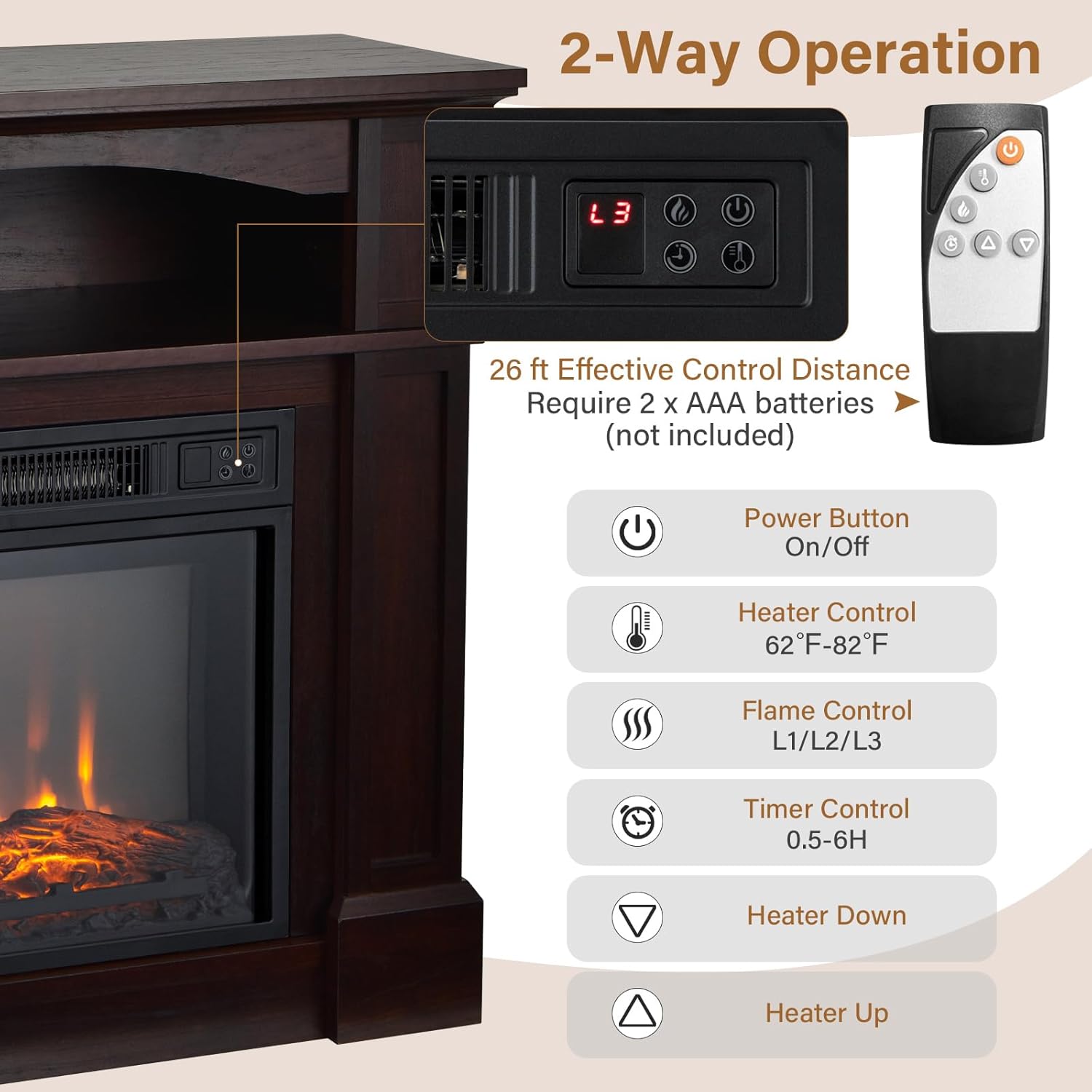 ORALNER Chimenea eléctrica de 32 pulgadas con repisa, paquete de chimenea envolvente de madera con 3 efectos de llama, control remoto y temporizador