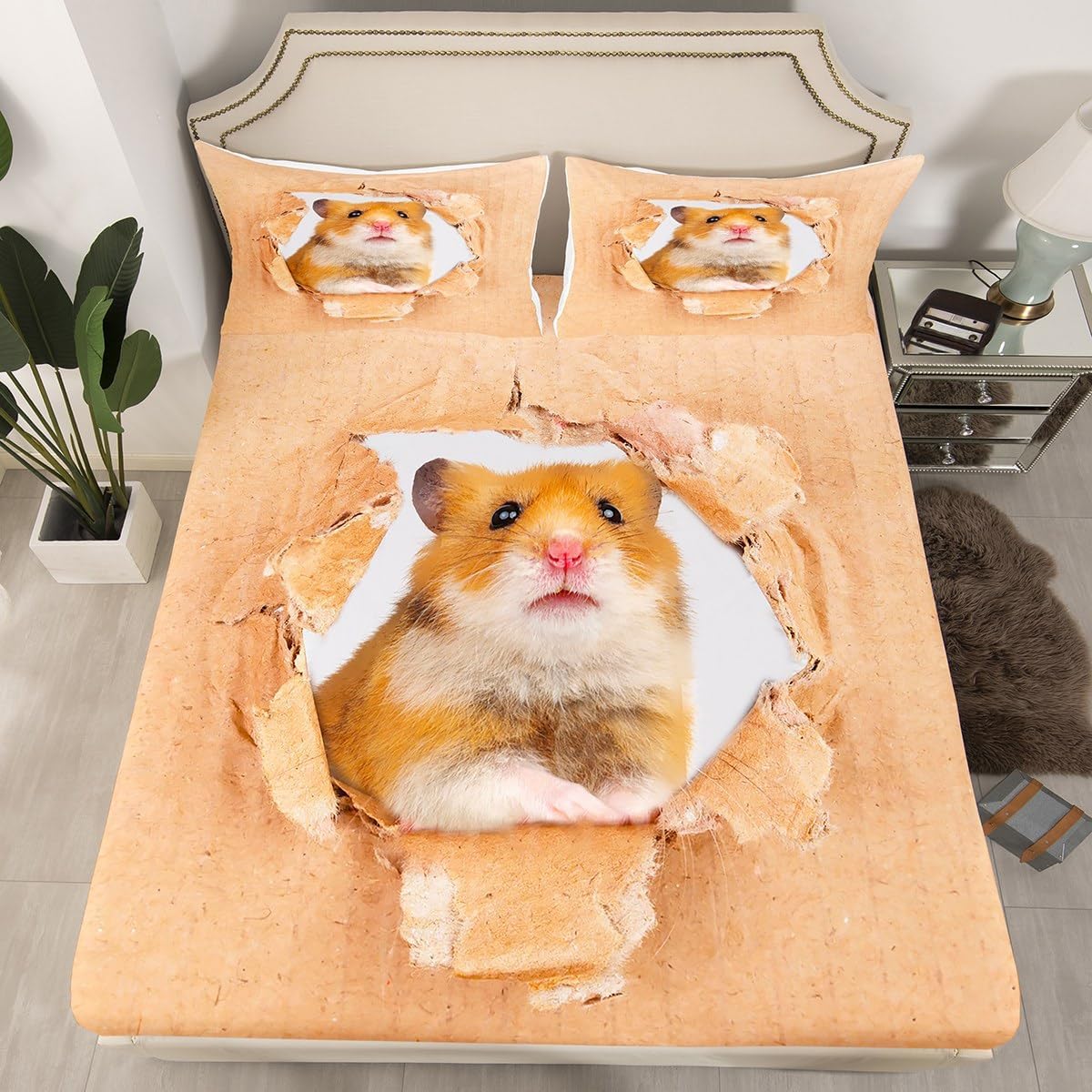 Erosebridal Juego de sábanas de hámster, tamaño matrimonial, color marrón, diseño de ratón 3D, lindo animal, sábana bajera ajustable Kawaii para