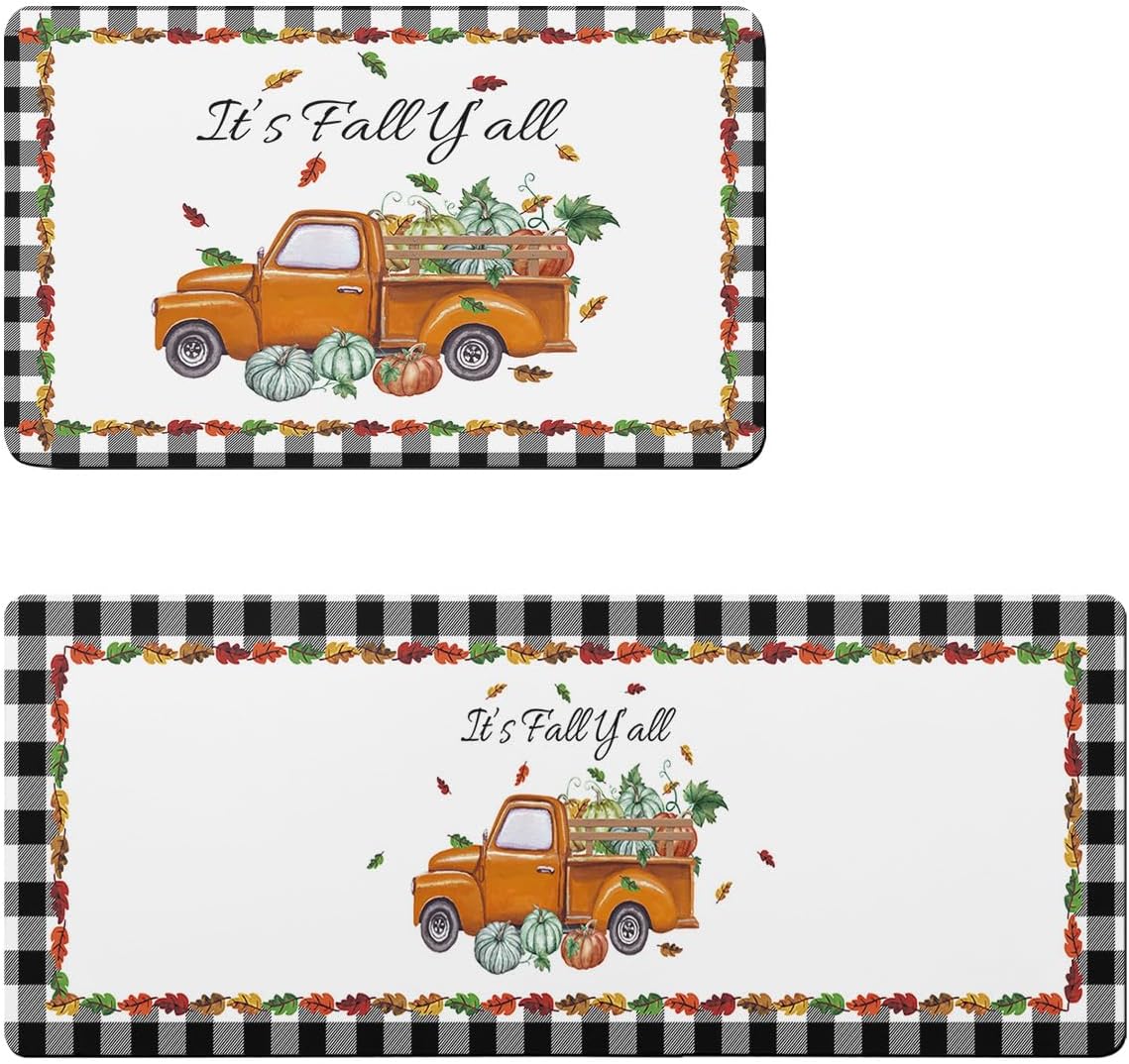 Kitchen Rugs Thanksgiving Farmhouse Pumpkin Truck It’s Fall Y’all Kitchen Runner Rugs Set of 2 Non Skid Bath Mats Set Absorbent Carpet Diatomaceous
