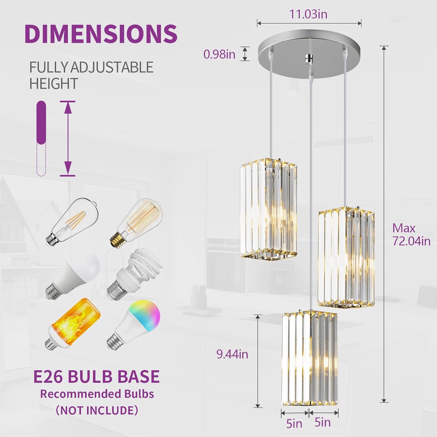 Lámpara colgante moderna cromada rectangular de iluminación colgante mini candelabros de cristal, lámpara colgante ajustable para cocina, isla,
