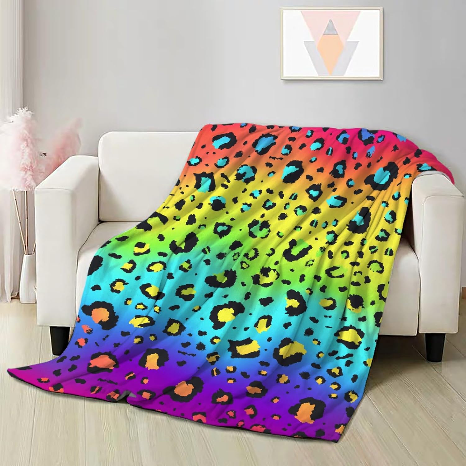 Manta de franela ultrasuave de forro polar neón arcoíris y leopardo para todas las estaciones, manta cálida y acogedora para cama, sofá o sillón, de
