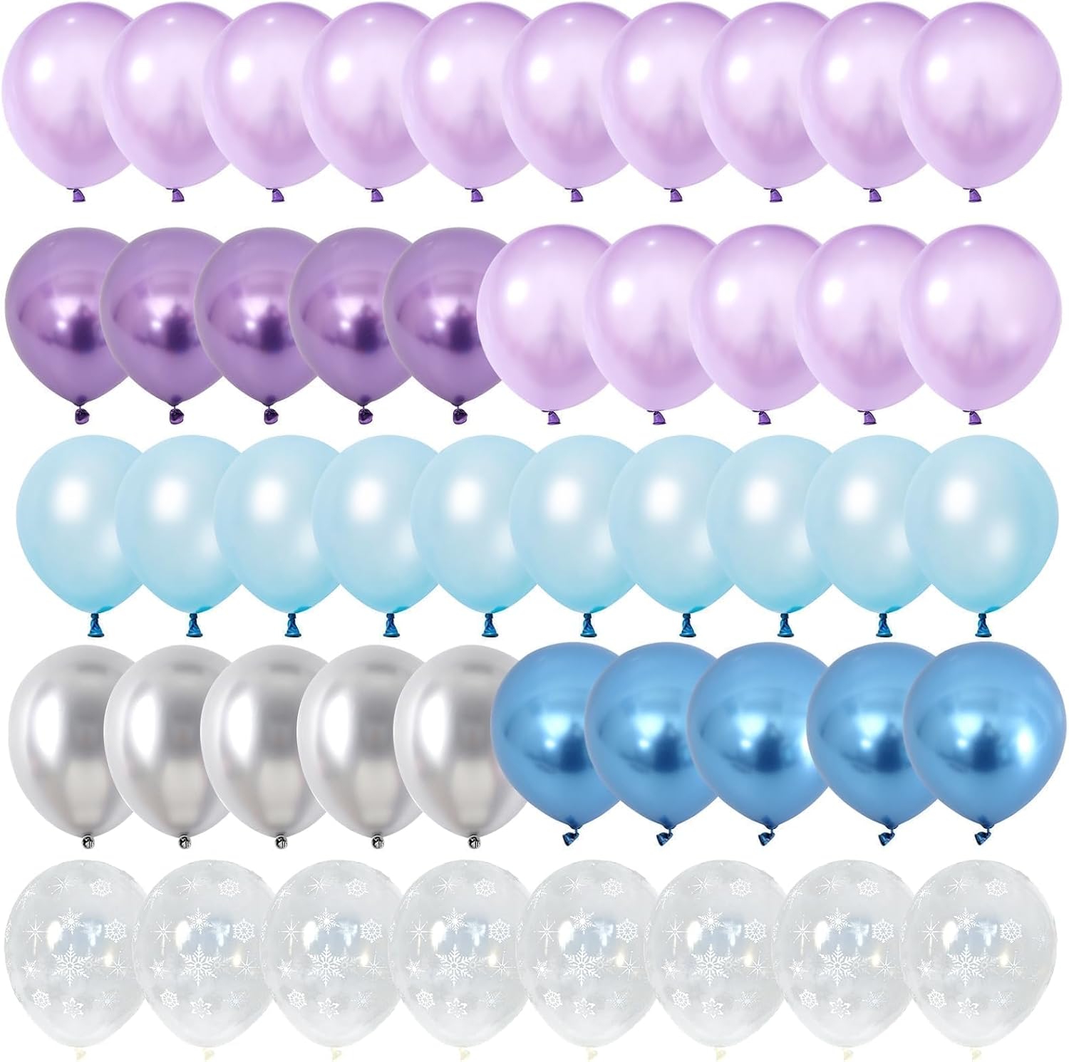 Globos azules y morados plateados, 60 globos de congelado, globos metálicos morados, azules y plateados, con estampado de copos de nieve azul perla,